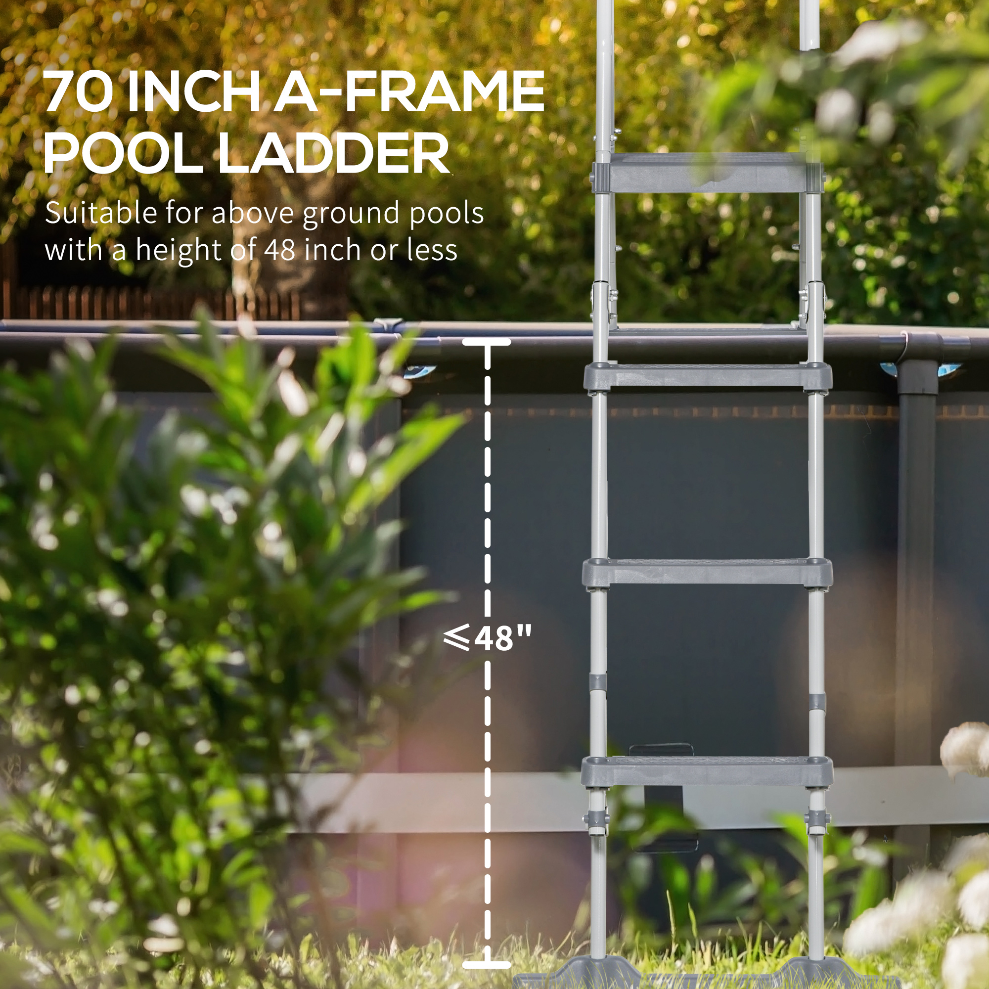  70" Above Ground Swimming Pool Ladder, A-Frame Deck Ladder with Top Platform, Non-slip Steps & Rounded Handrails for 48" Pool Wall Height, Gray