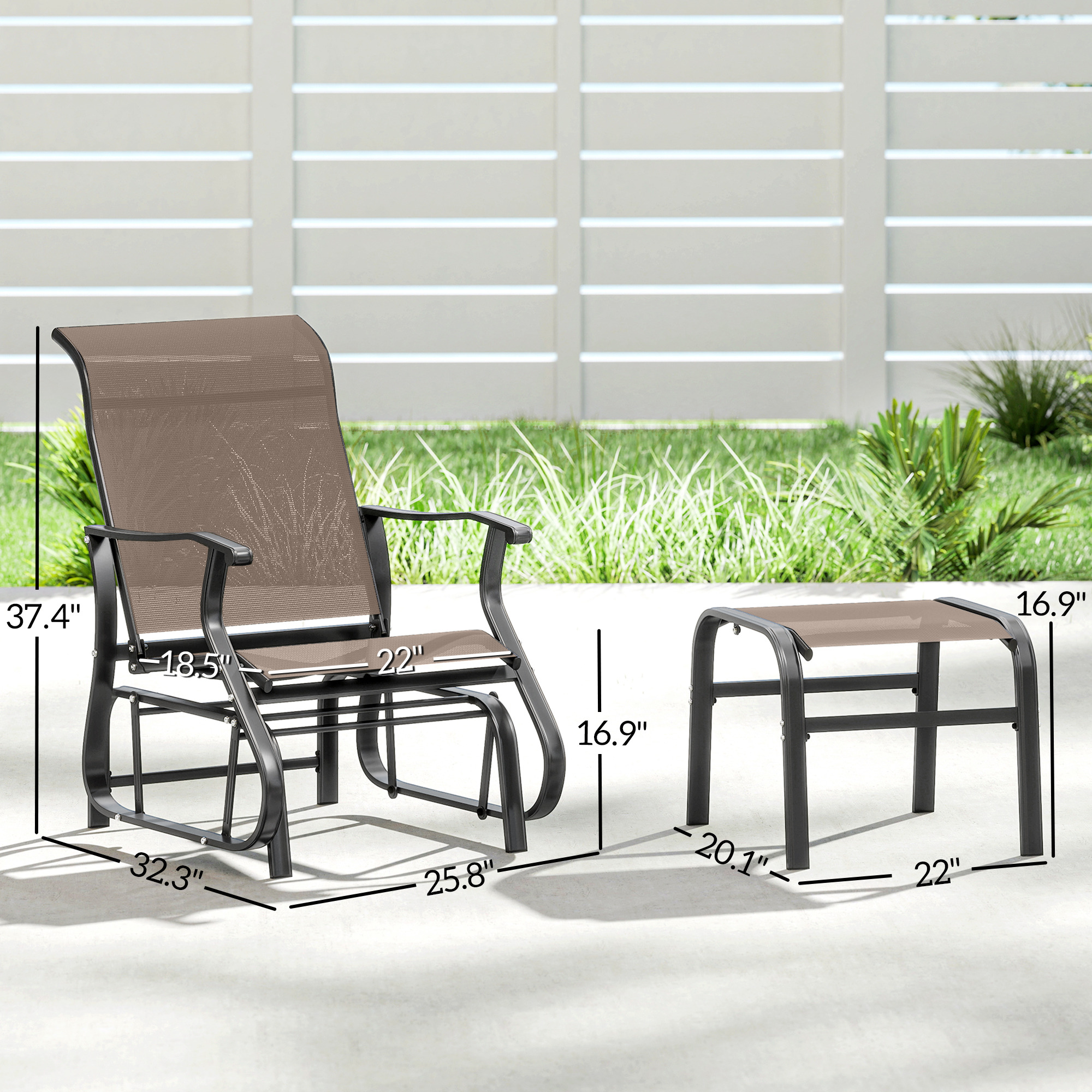  Outdoor Glider with Ottoman, Patio Glider Chair Set with High Back, Wide Seat for Porch, Garden, Backyard, Brown