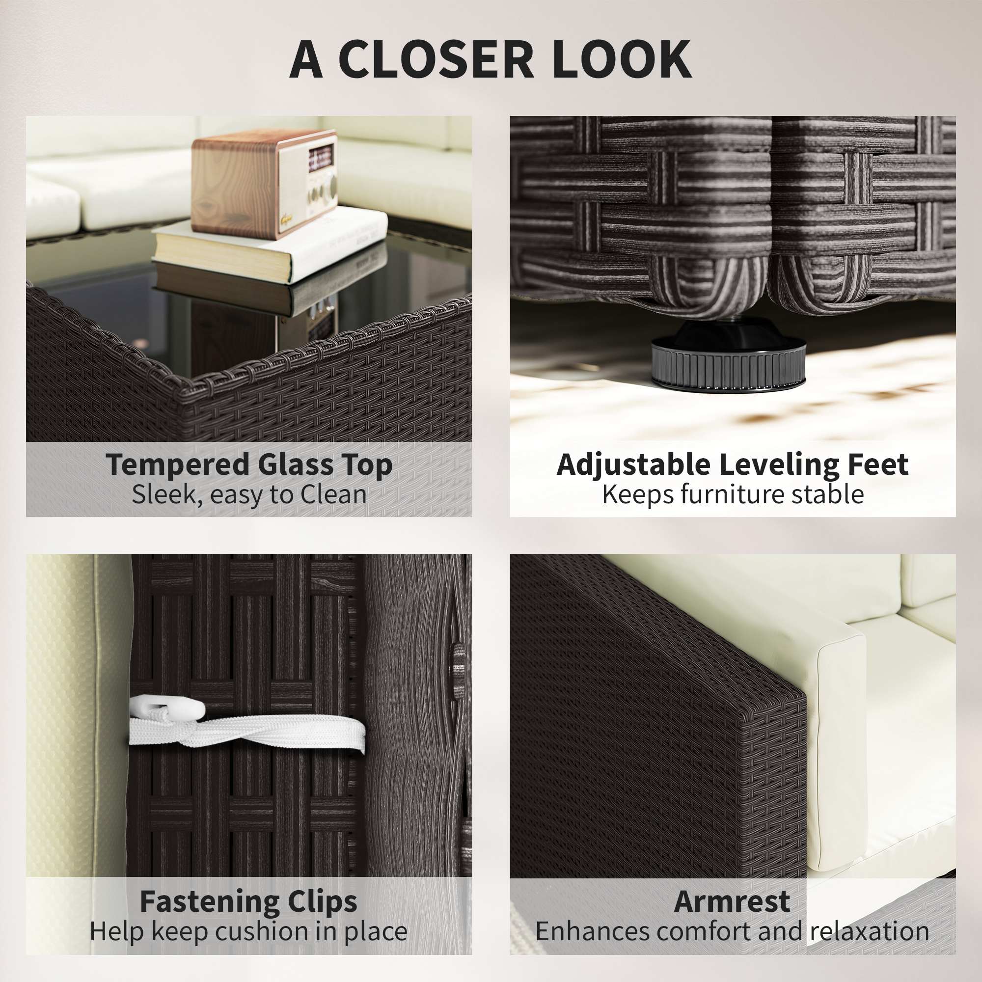  7 Piece Patio Furniture Set, All Weather PE Rattan Outdoor Furniture Conversation Sets with Glass Top Coffee Table