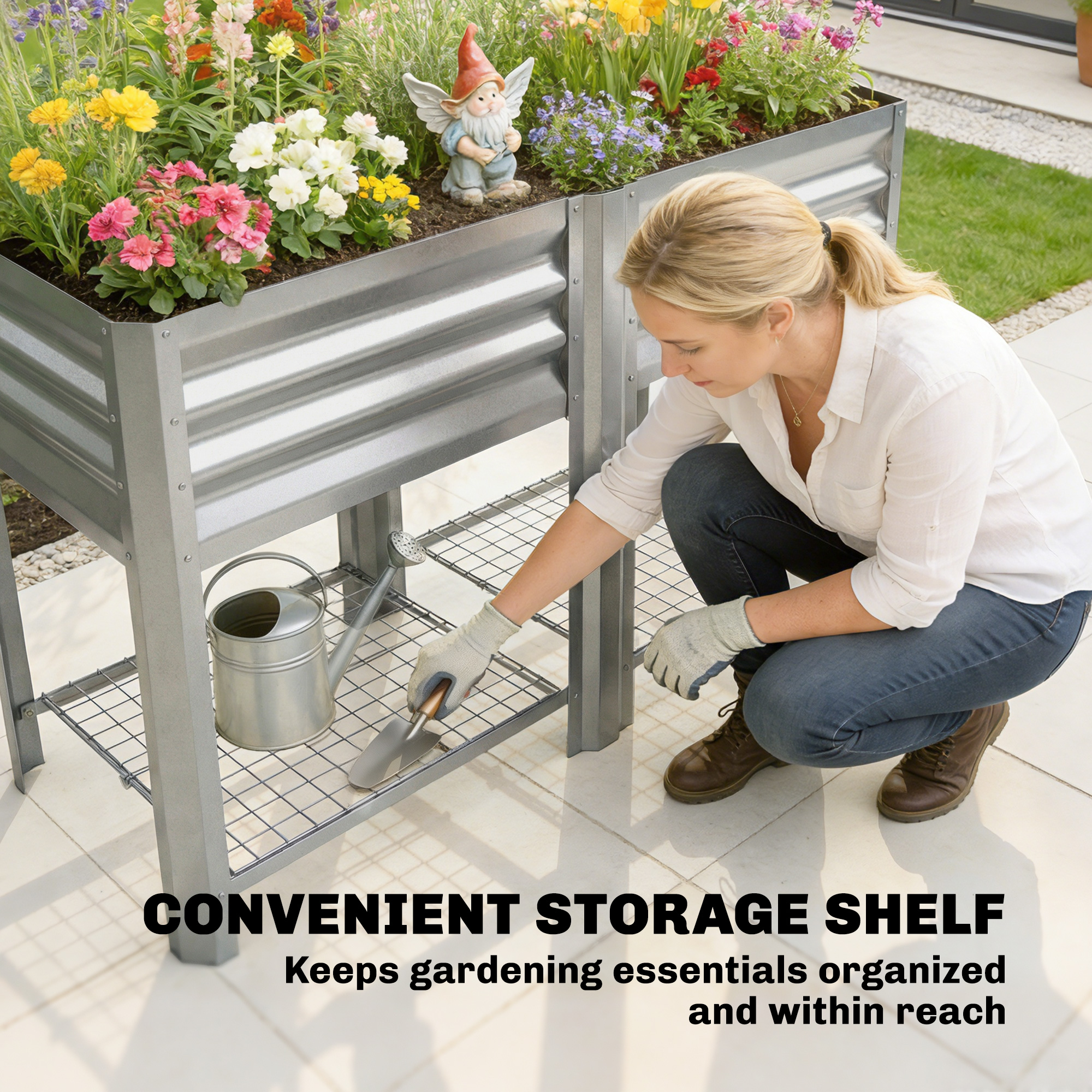  Raised Garden Bed Galvanized Steel, Elevated Planter Box with Storage Shelf, Bed Liner, 31.5" High, Silver