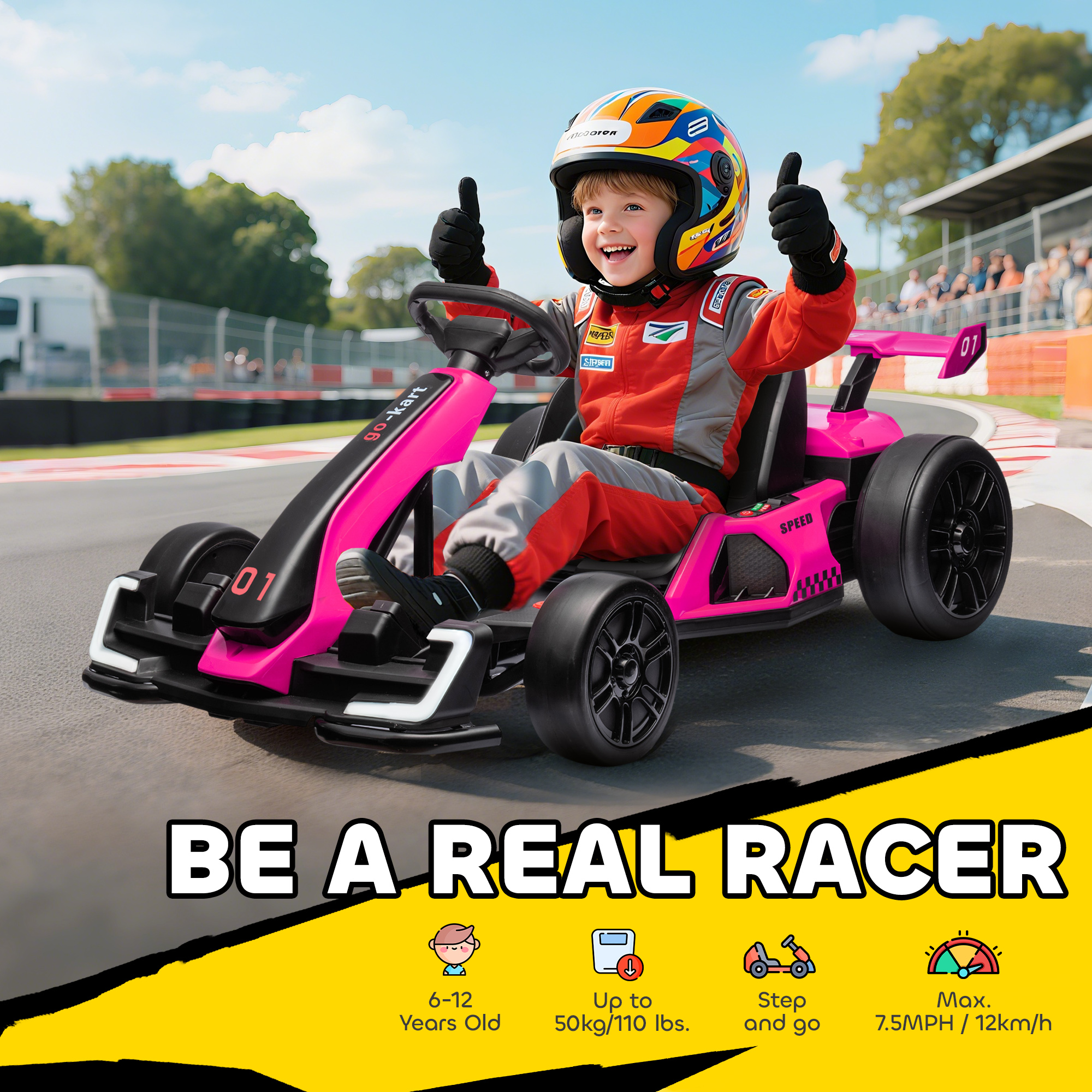 24V 7.5 MPH Electric Go Kart with Adjustable Seat, Slow Start, Pink