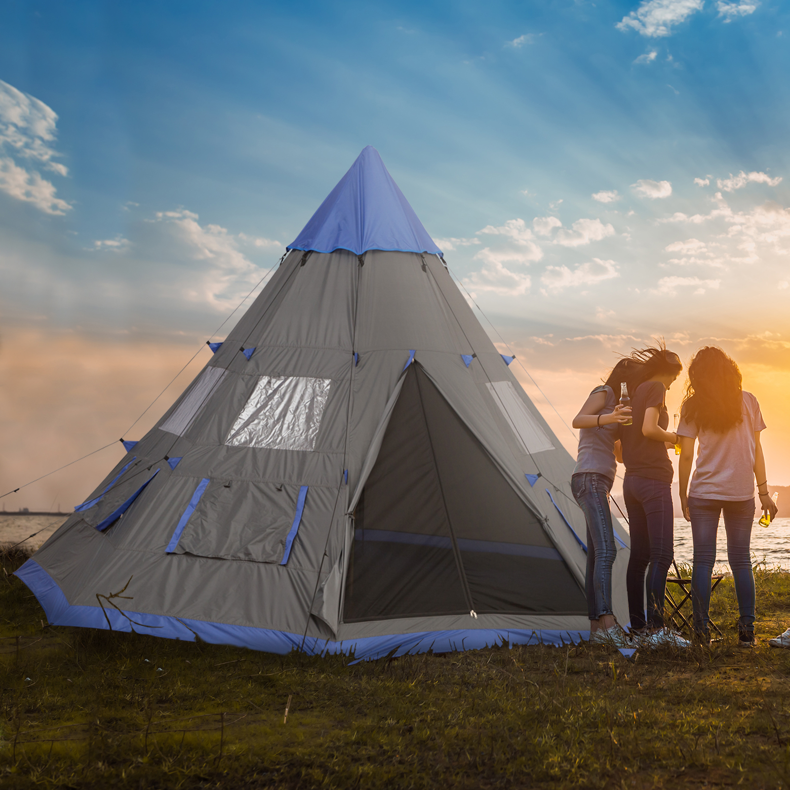  12Ft Camping Tent 6-7 Person 4 Season with 8 Mesh Windows, Outdoor Teepee Tent with Waterproof Material for Family and Friends Camping