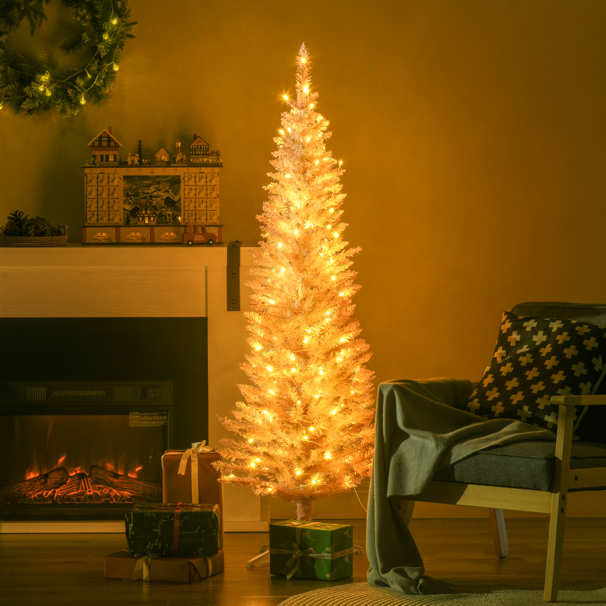 5ft Pencil Christmas Tree, Slim Artificial Christmas Tree with Realistic Branches and Warm White LED Lights, P