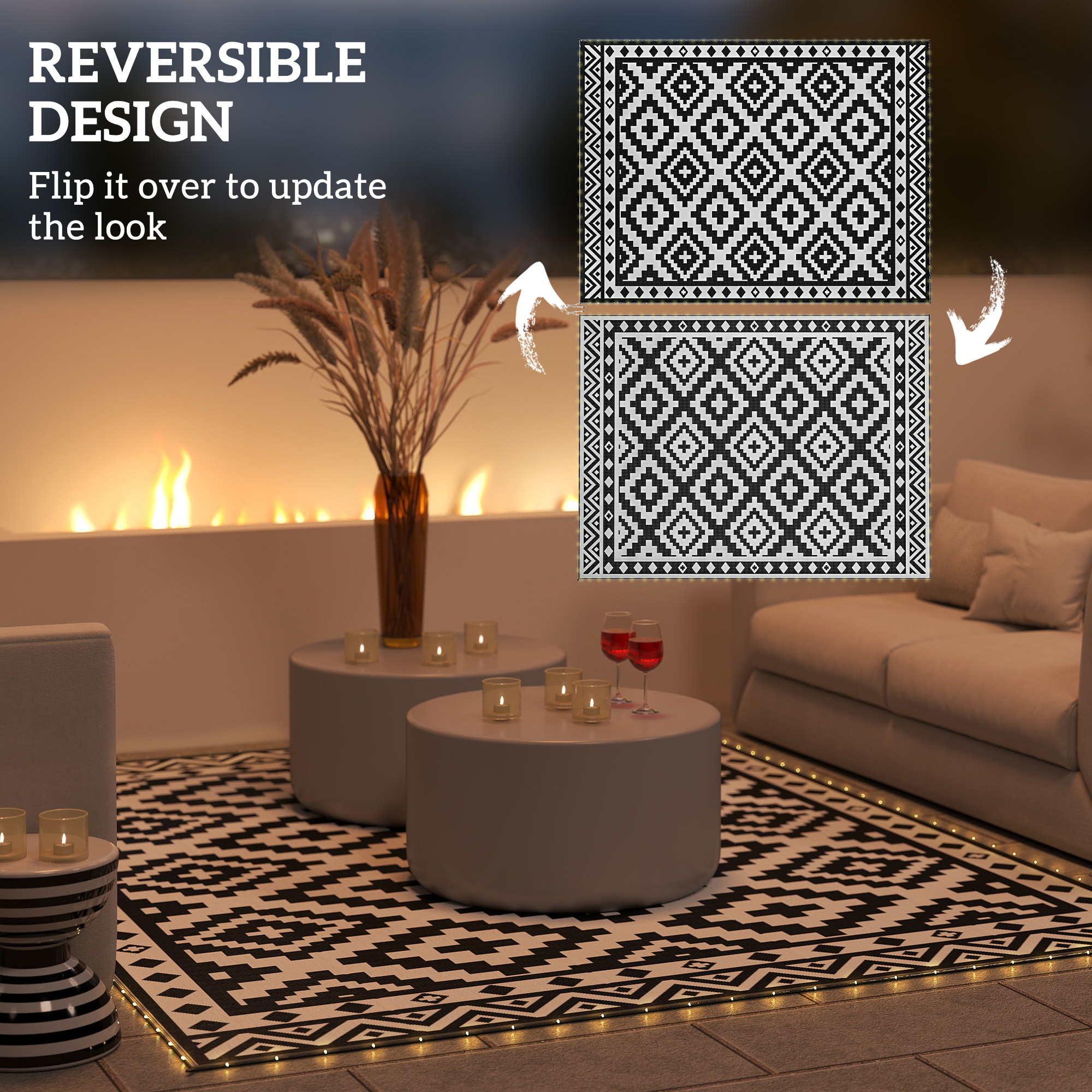Outdoor Rug Carpet Reversible Plastic Straw Rug with LED Lights Black and White 12 x 9 for Patio image 4