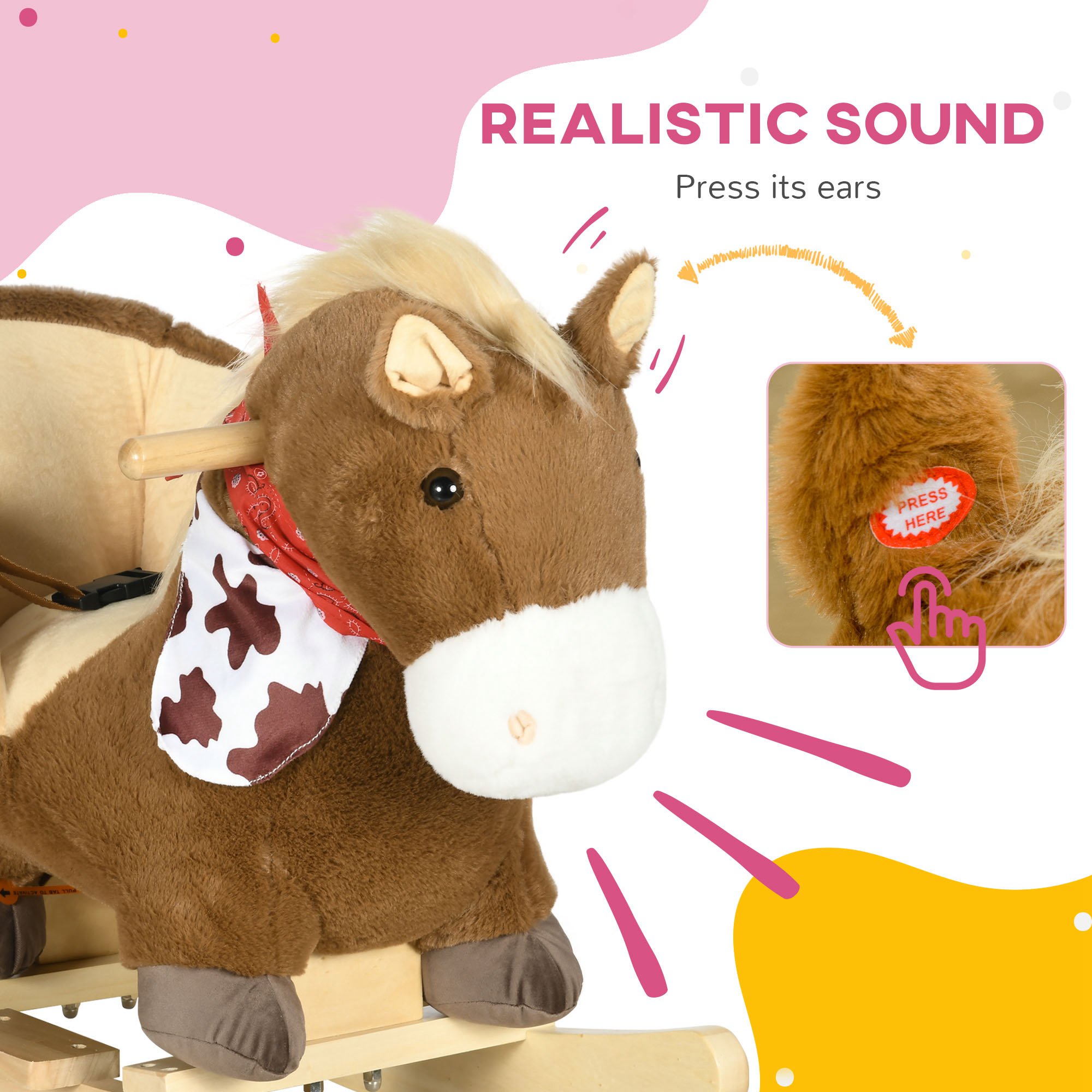 Baby Rocking Horse, Riding Horse, Plush Animal Rocker with Realistic Sound, Pedals for Ages 18-36 Months, Brown