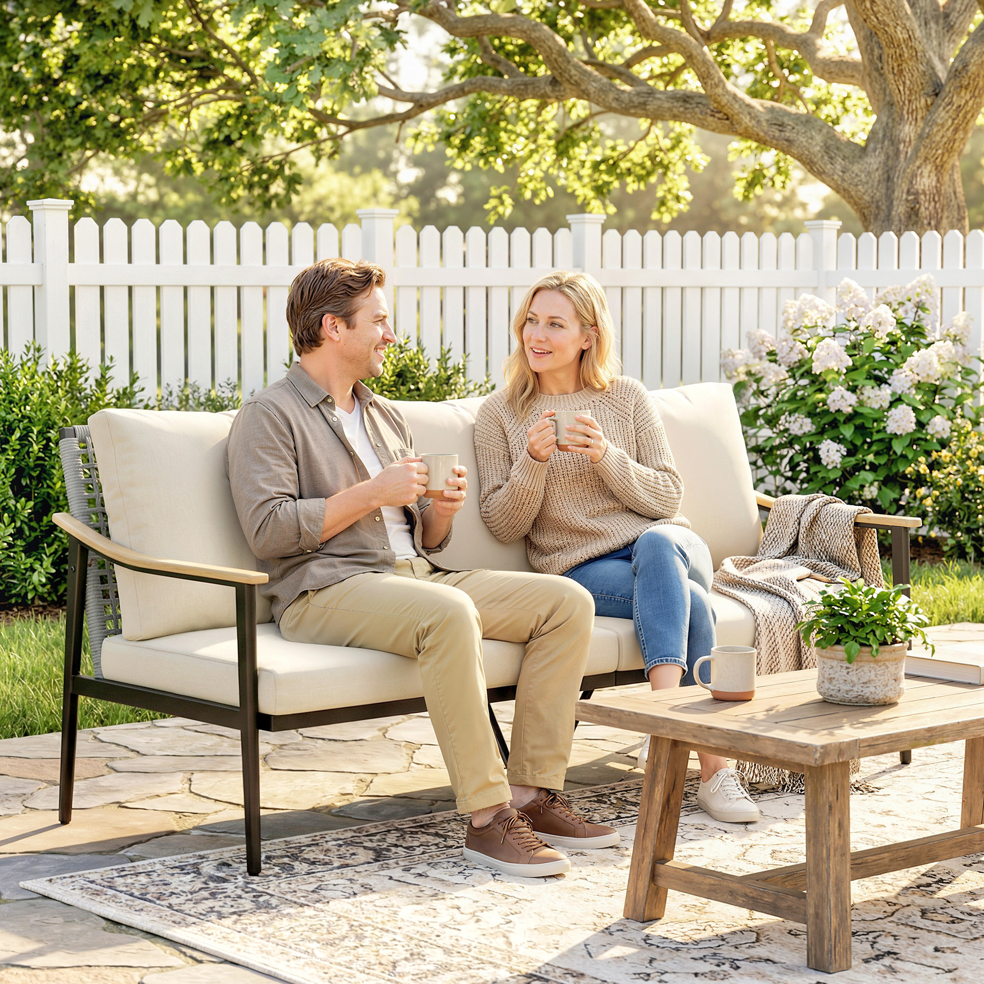  3 Seater Outdoor Patio Sofa, Outdoor Couch with Wood-Effect Armrests, Wicker Backrest, Cushions for Garden Yard, Khaki