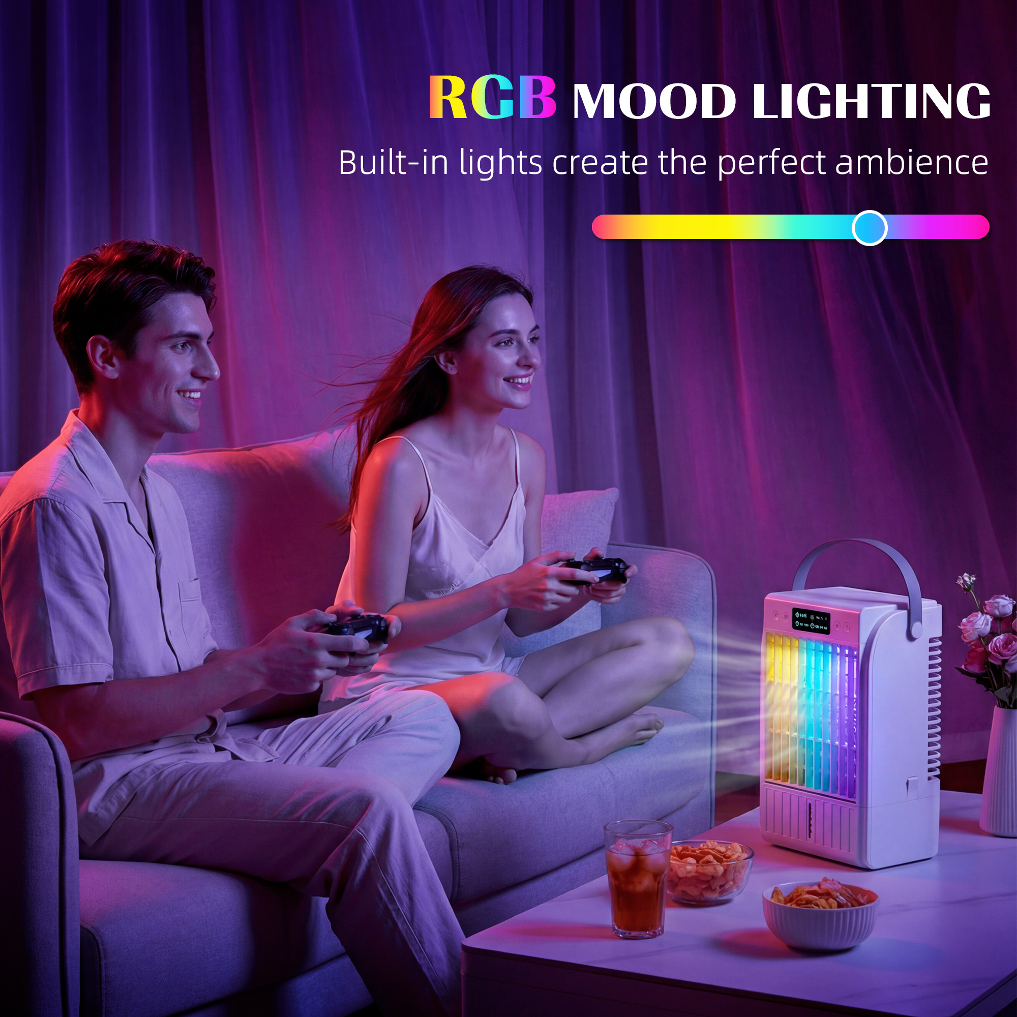  Portable Air Conditioner, 4-in-1 Mini Air Cooler with 4 Wind Speed, 2 Mist Mode, RGB 7 LED Light