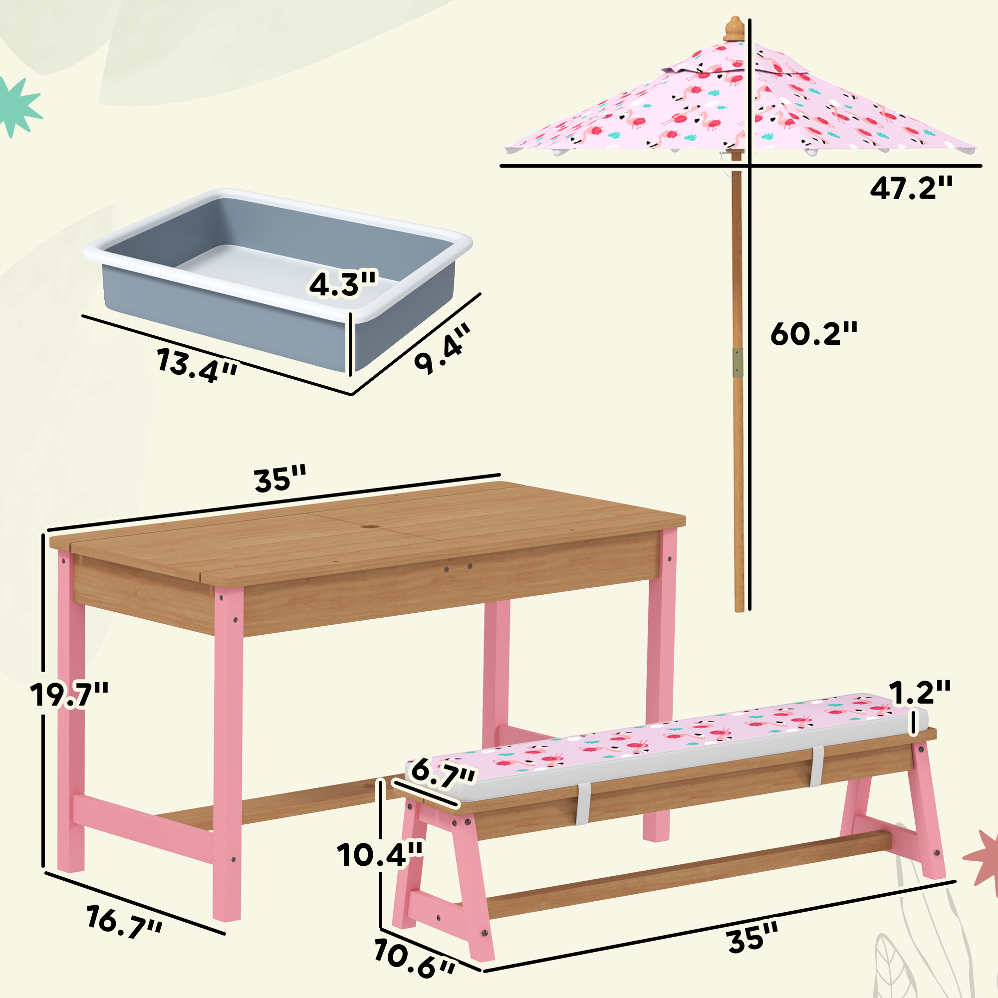 Kids Picnic Table Set with Foldable Umbrella, Removable Cushions & Boxes, Flamingo Theme, Pink
