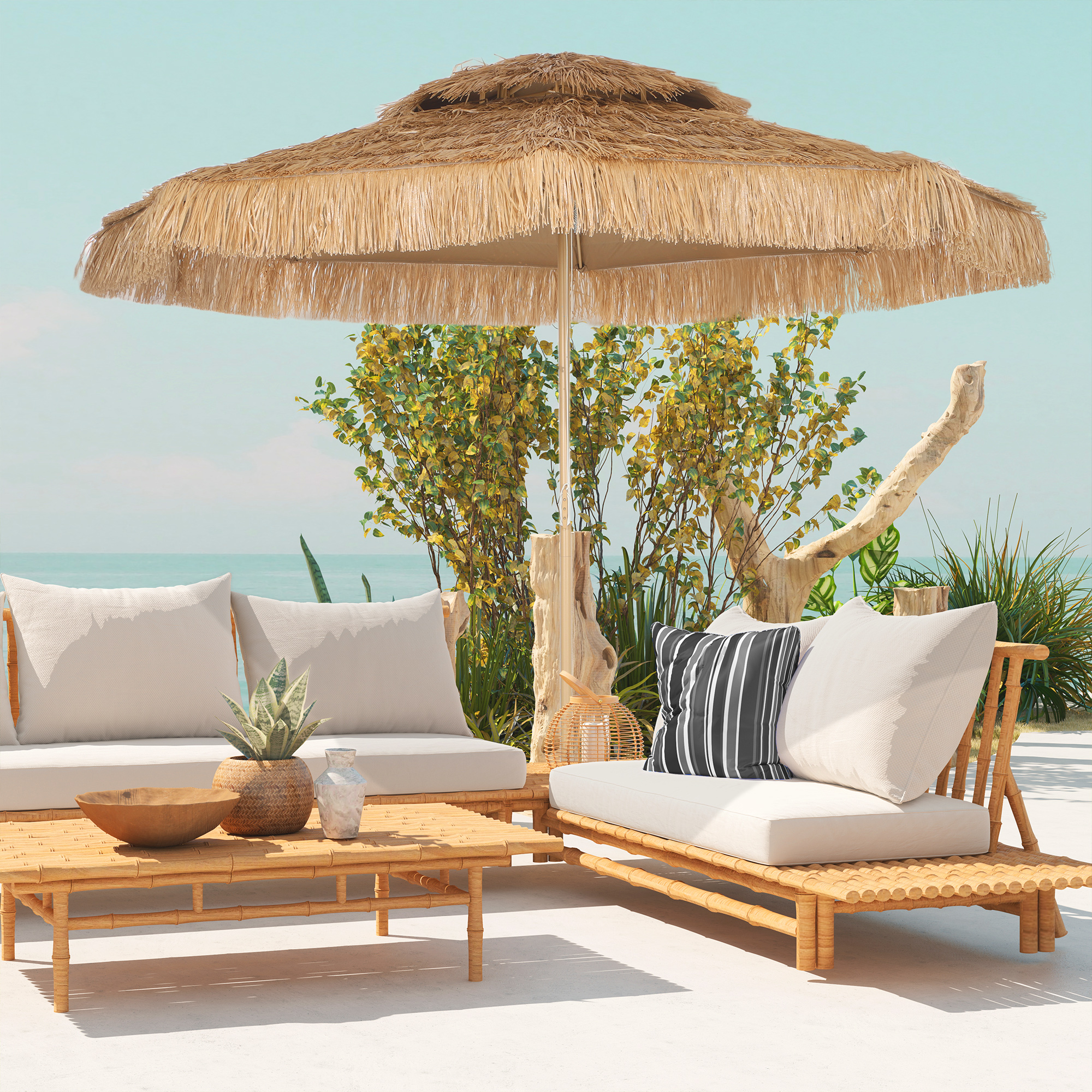 10 ft. Hula Thatched Tiki Patio Outdoor Umbrella with 8 Ribs, UPF30+, for Garden, Backyard, Deck, Pool, Natural