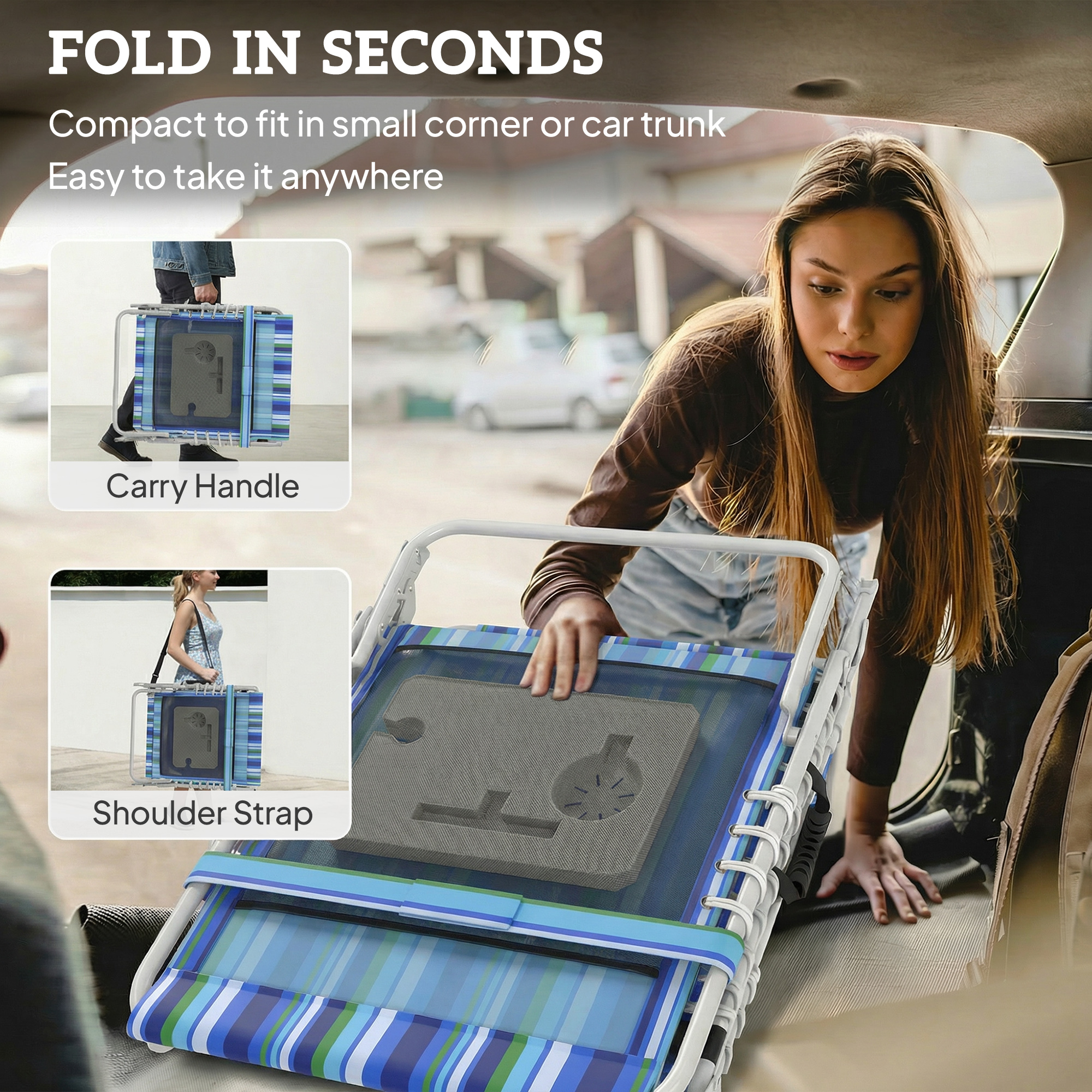  Tanning Chair Set of 2 with Face Hole and Side Table, 5-Position Folding Outdoor Chaise Lounge Chair, Blue Stripe