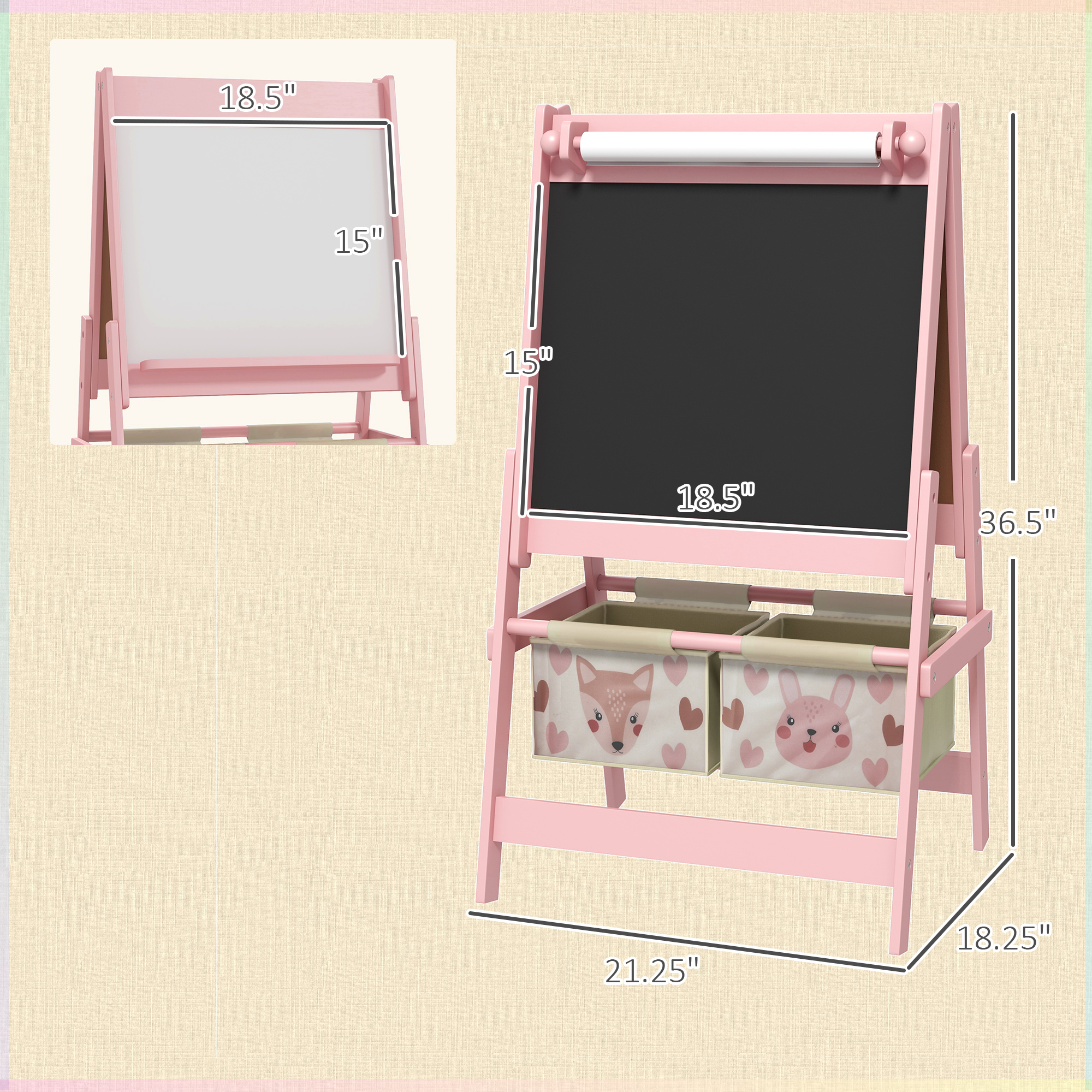 Art Easel for Kids with Paper Roll, Blackboard, Whiteboard, Storage, Pink