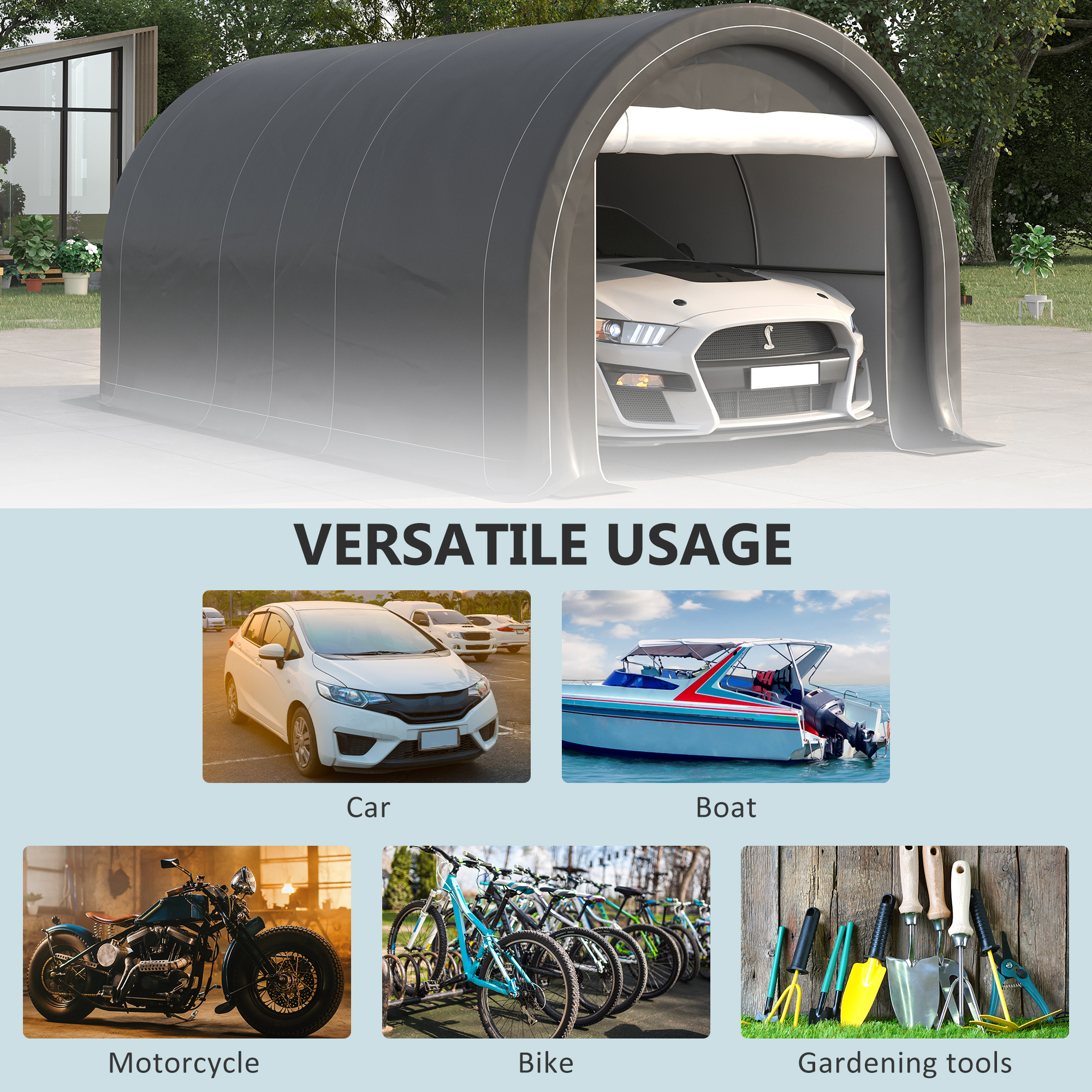  10' x 16' Carport, Heavy Duty Portable Garage Storage Tent with Large Zippered Door, Anti-UV PE Canopy Cover for Car, Truck, Boat, Motorcycle, Bike, Garden Tools, Outdoor Work, Gray
