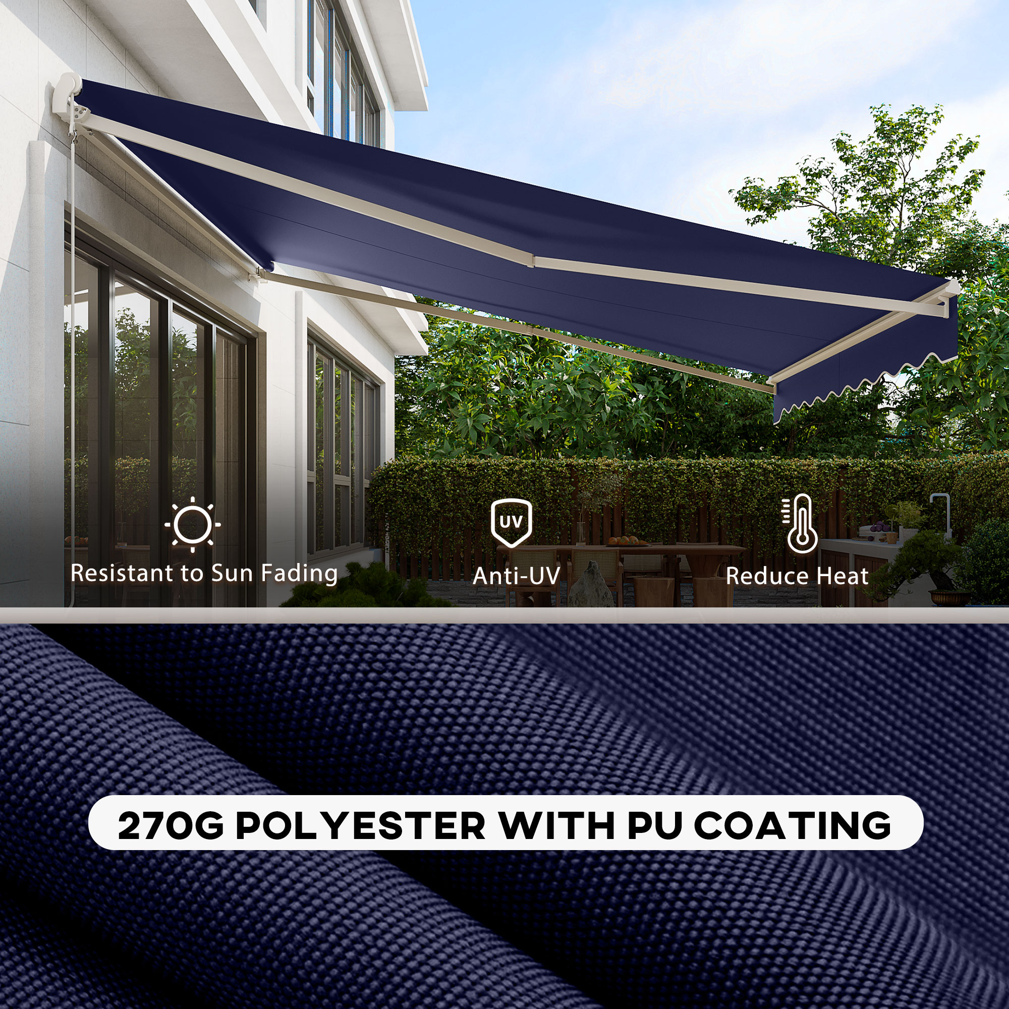  12' x 10' Electric Retractable Awning Sunshade Shelter with Remote Controller, Crank Handle for Deck Balcony Yard, Blue