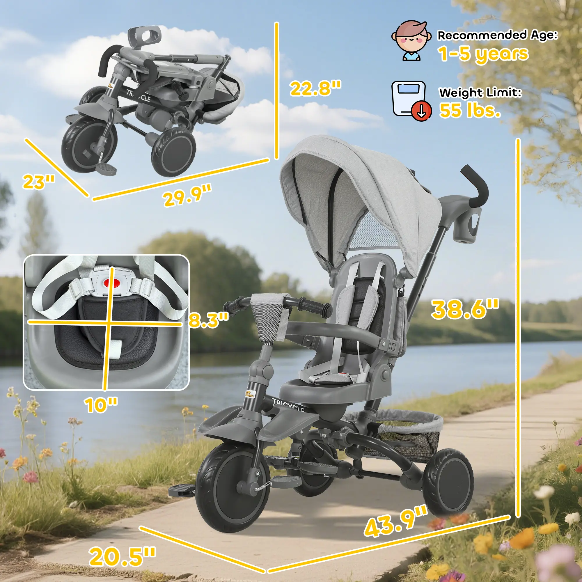 6 in 1 Kids Tricycle with Adjustable Push Handle, Removable Canopy, Reversible Seat, for 1-5 Years, Gray