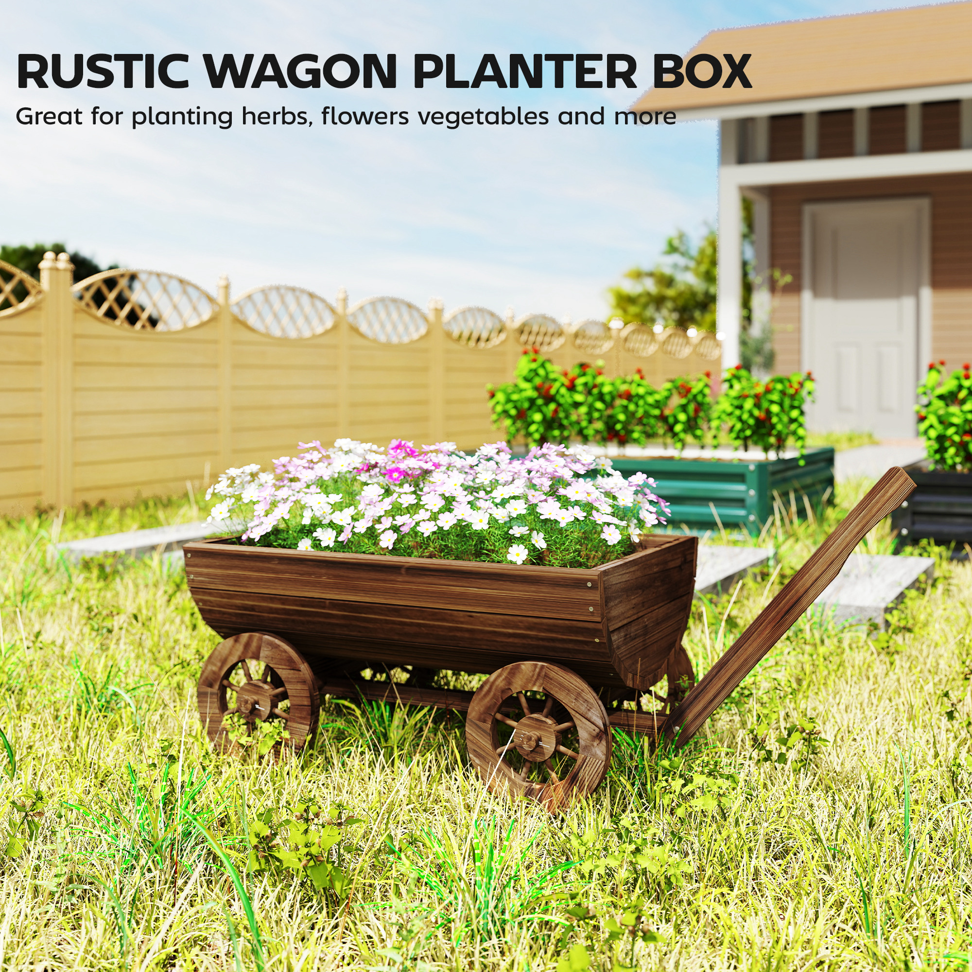 Wooden Wagon Planter Box, Mobile Garden Planter with 4 Wheels, Small Wheelbarrow Wagon Flower Cart with Drainage Hole