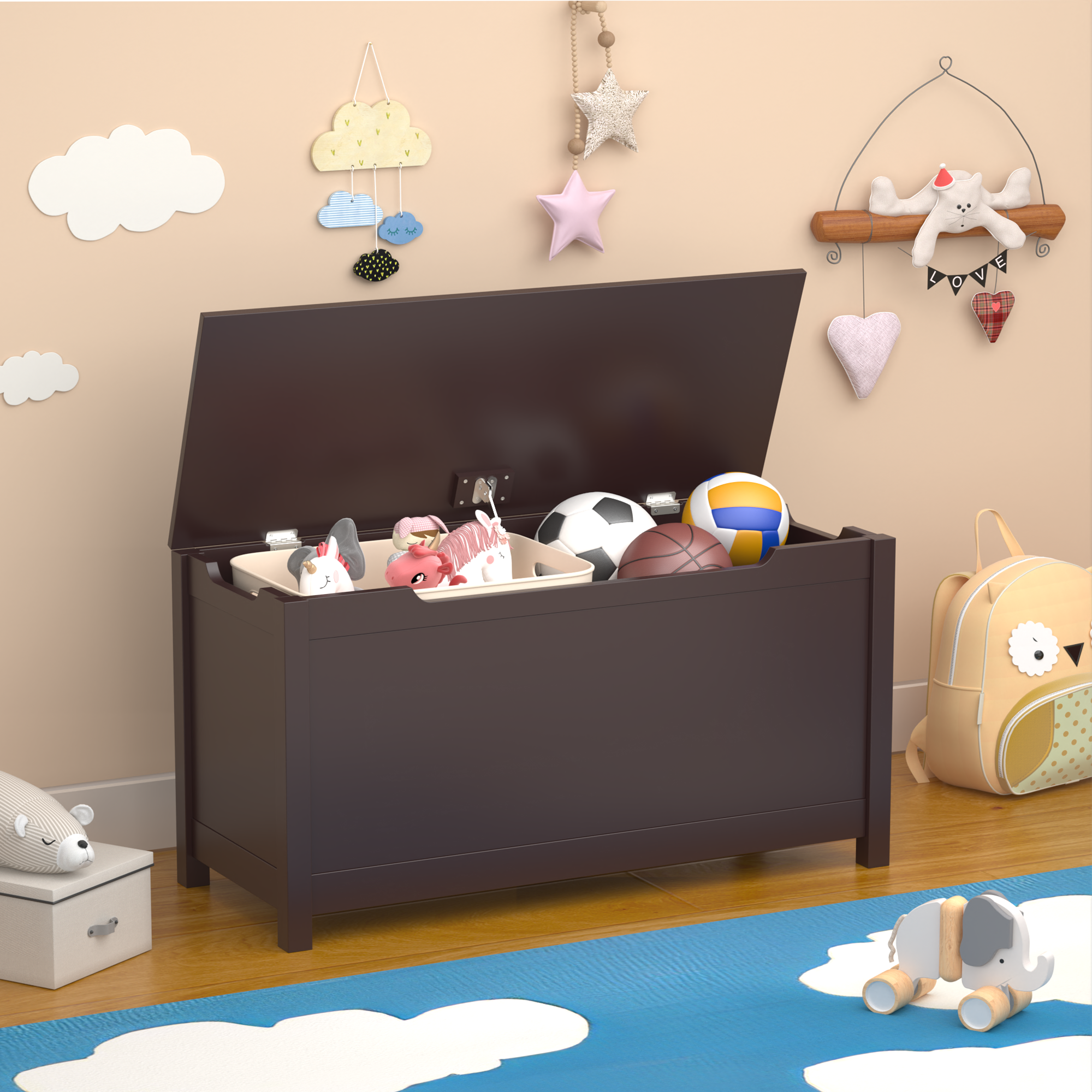 Kids Wooden Toy Box Storage With Safety Hinged Lid For Ages 2 Coffee