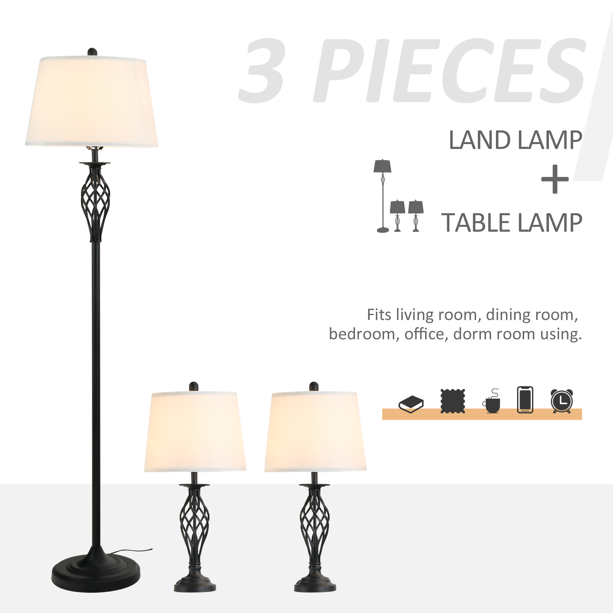  3 Piece Table Floor Lamp Set with Metal Pole, Round Base, and Fabric Lampshade, for Living Room, Black/White