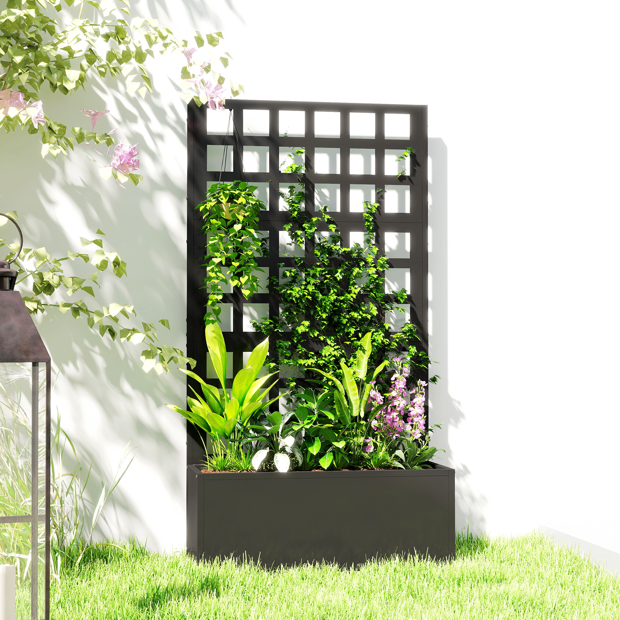  Galvanized Raised Garden Bed Planter Box with Trellis for Climbing Plants, Vegetable, Vines, 24" x 9" x 44.5", Black