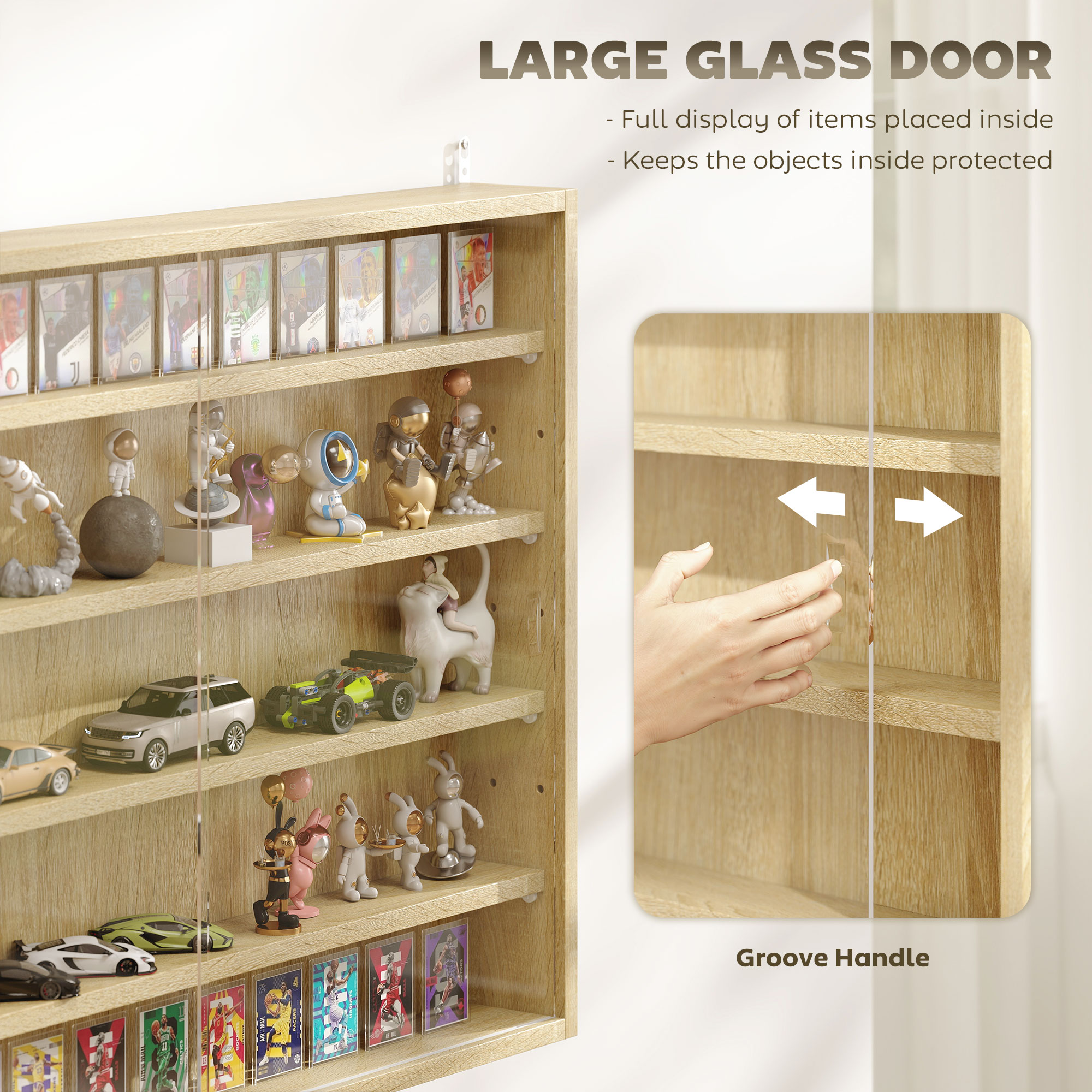 5-Tier Display Cabinet, Wall-Mounted Display Case with 2 Glass Doors and Adjustable Shelves, Oak image 4