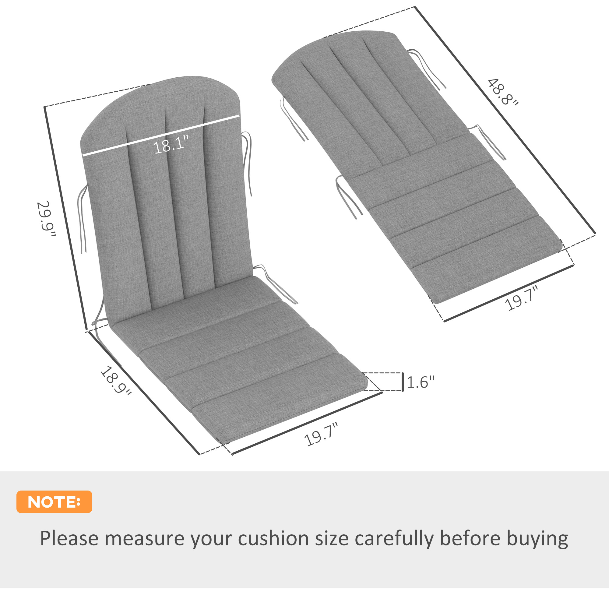  Set of 4 Outdoor Chair Cushions, High Back Adirondack Chair Cushion with Ties, High-Density Foam, Gray