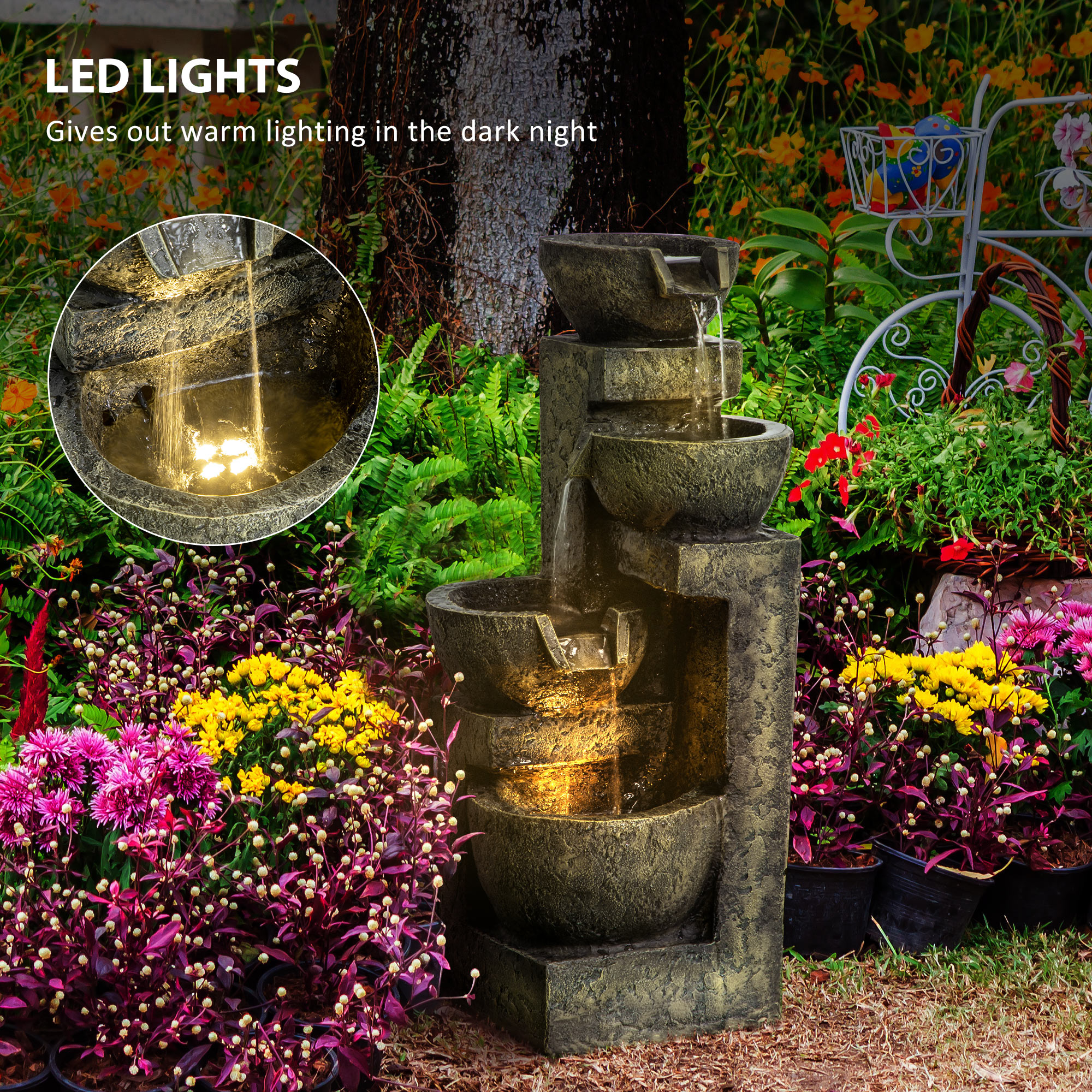 Small Outdoor Fountain with 4-Tier Stone Bowls, Adjustable Waterfall Flow & LED Lights, Perfect for Patio & Zen Garden, Gray