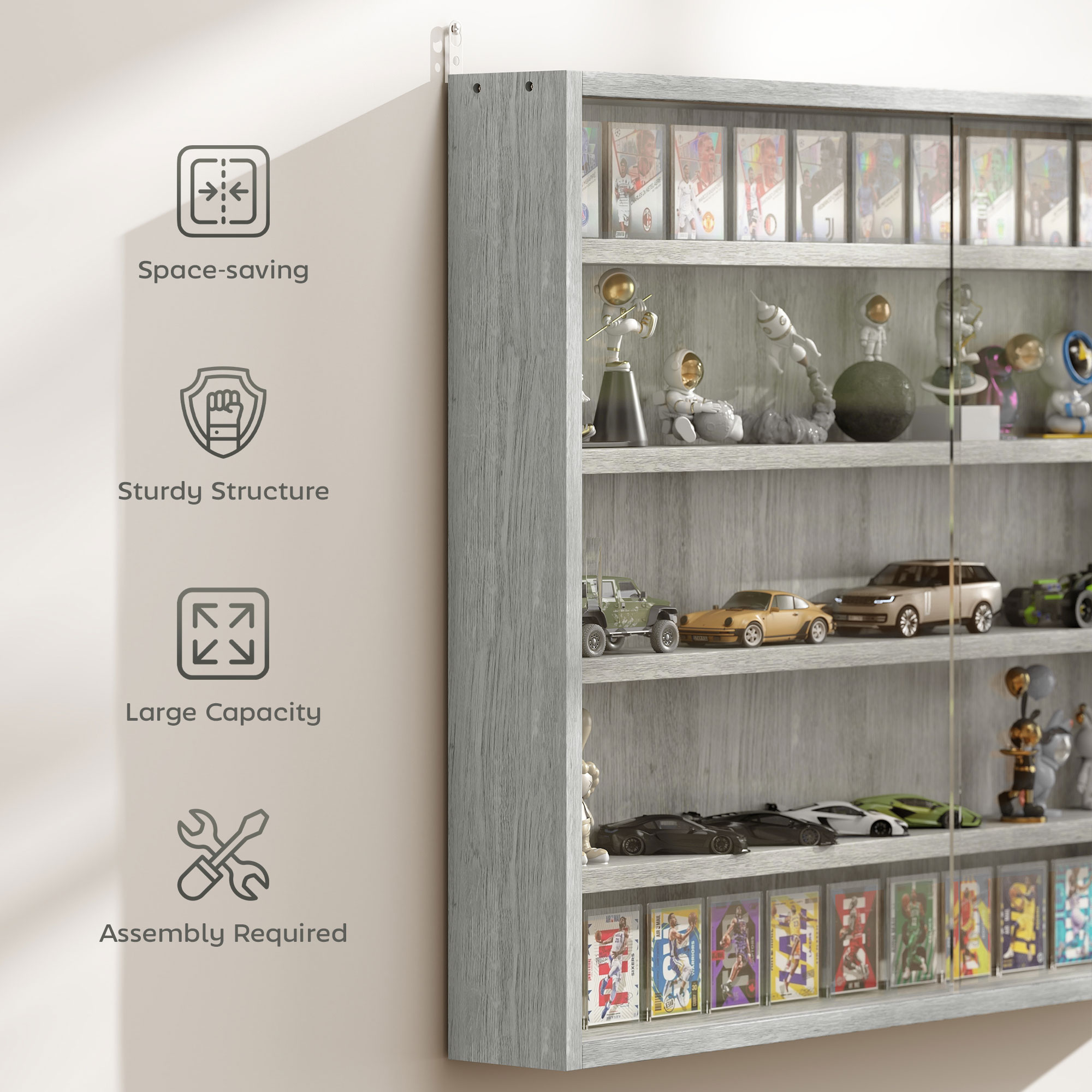 5-Tier Display Cabinet, Wall-Mounted Display Case with 2 Glass Doors and Adjustable Shelves, Gray image 5