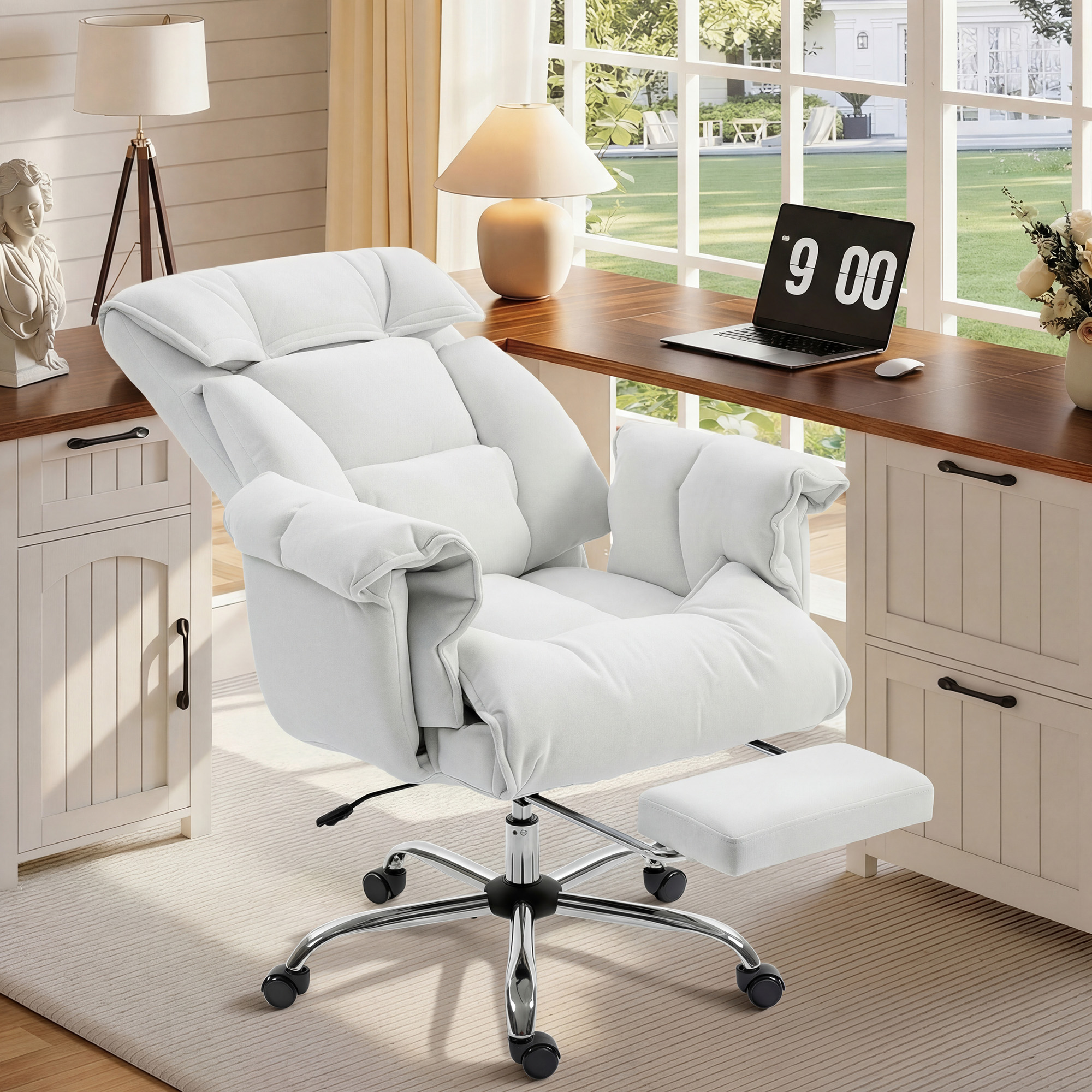  High Back Office Chair, Reclining Desk Chair with Footrest, High Resilience Foam, Rolling Wheels, Cream White