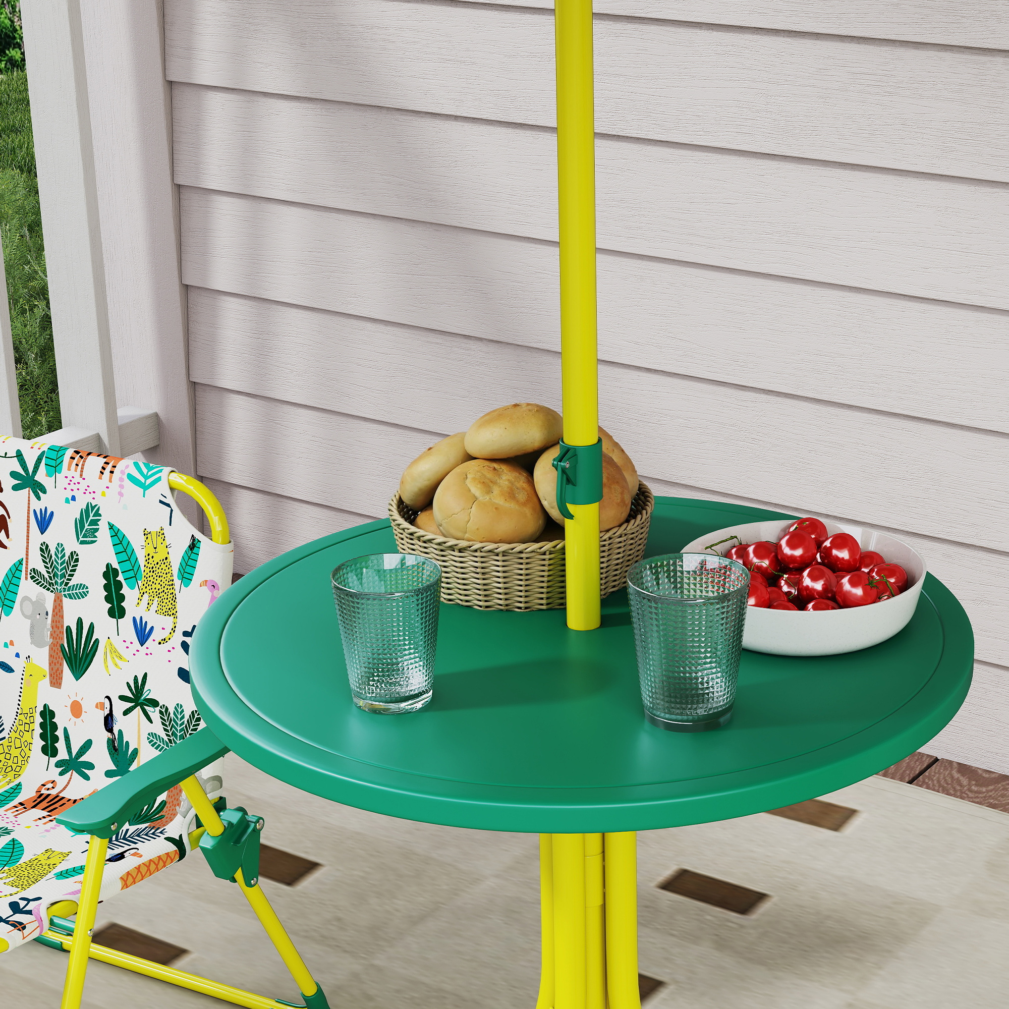 Kids Picnic Table, Kids Table and Chair Set with 2 Folding Chairs and Umbrella for Backyard, Garden, Patio, Green
