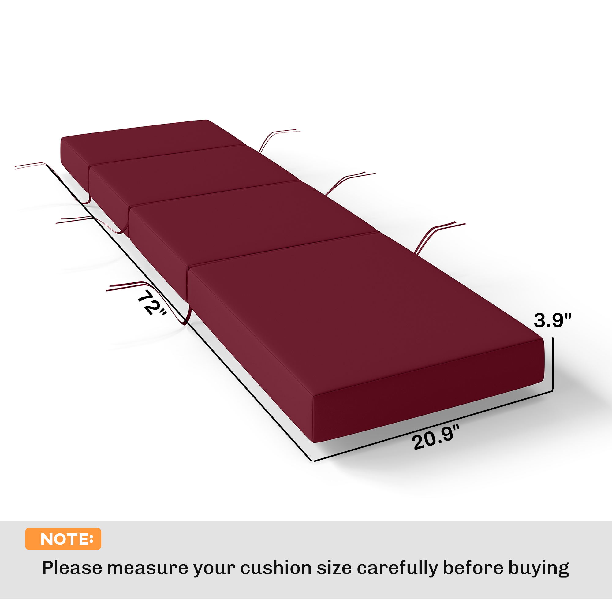  Chaise Lounge Cushion, 4" Thick Outdoor Lounge Chair Cushion with Ties for Patio, 21" x 72 ", Red