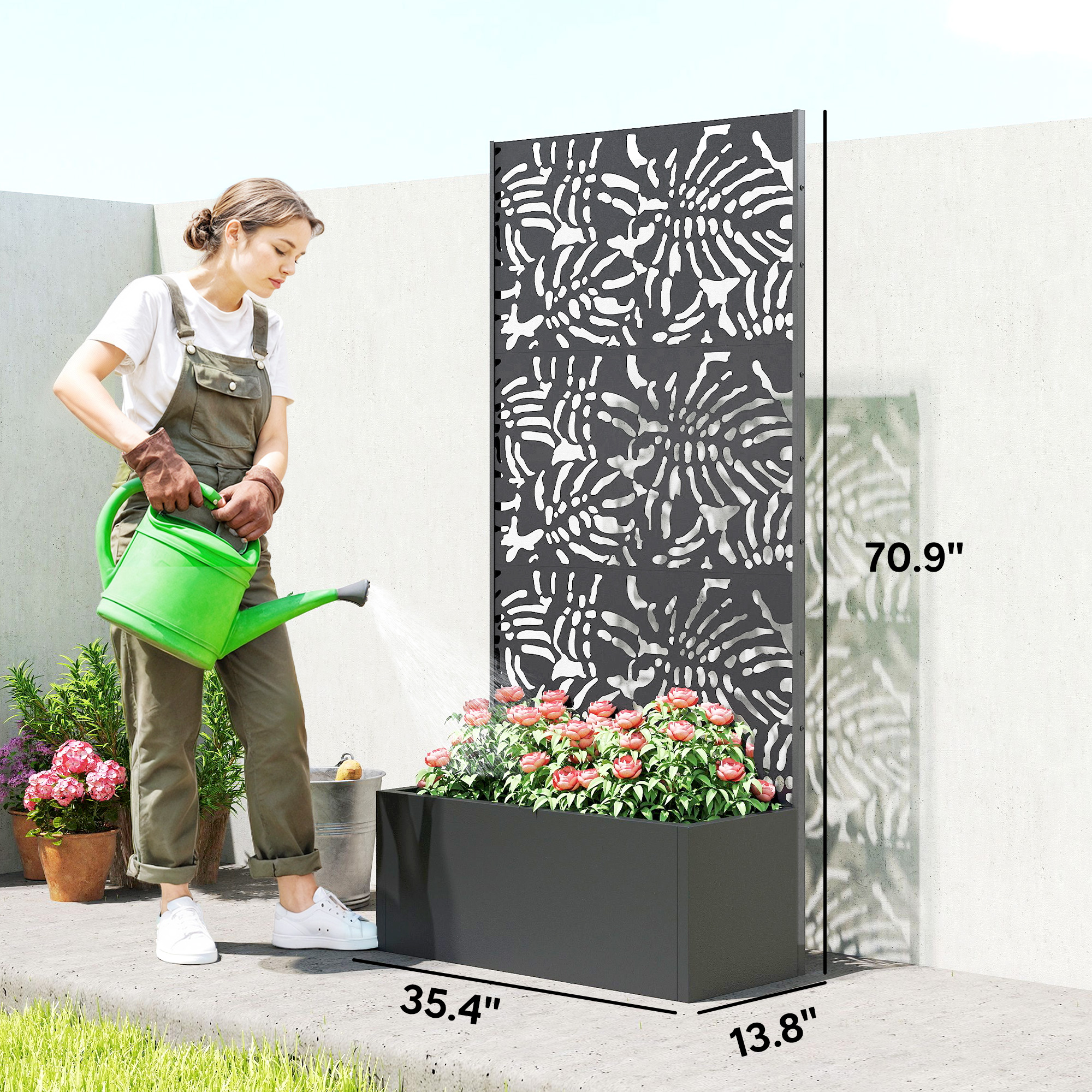  Metal Planter Box with Trellis, 71" Tall Raised Garden Bed with Privacy Screen and Drainage Holes, Banana-Leaf Cut-Outs