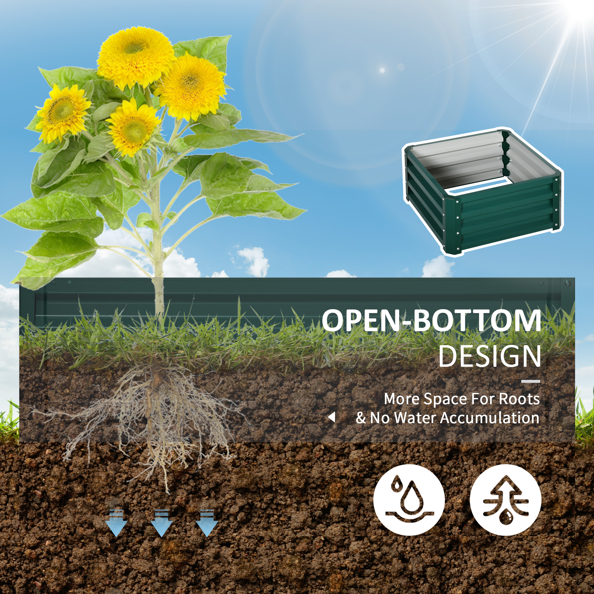  Galvanized Raised Garden Bed, Set of 2 Metal Planter Box with Open Bottom, All-Weather Steel Frame, Rust-Resistant, Easy-to-assemble, for Growing Vegetables, Flowers, Green