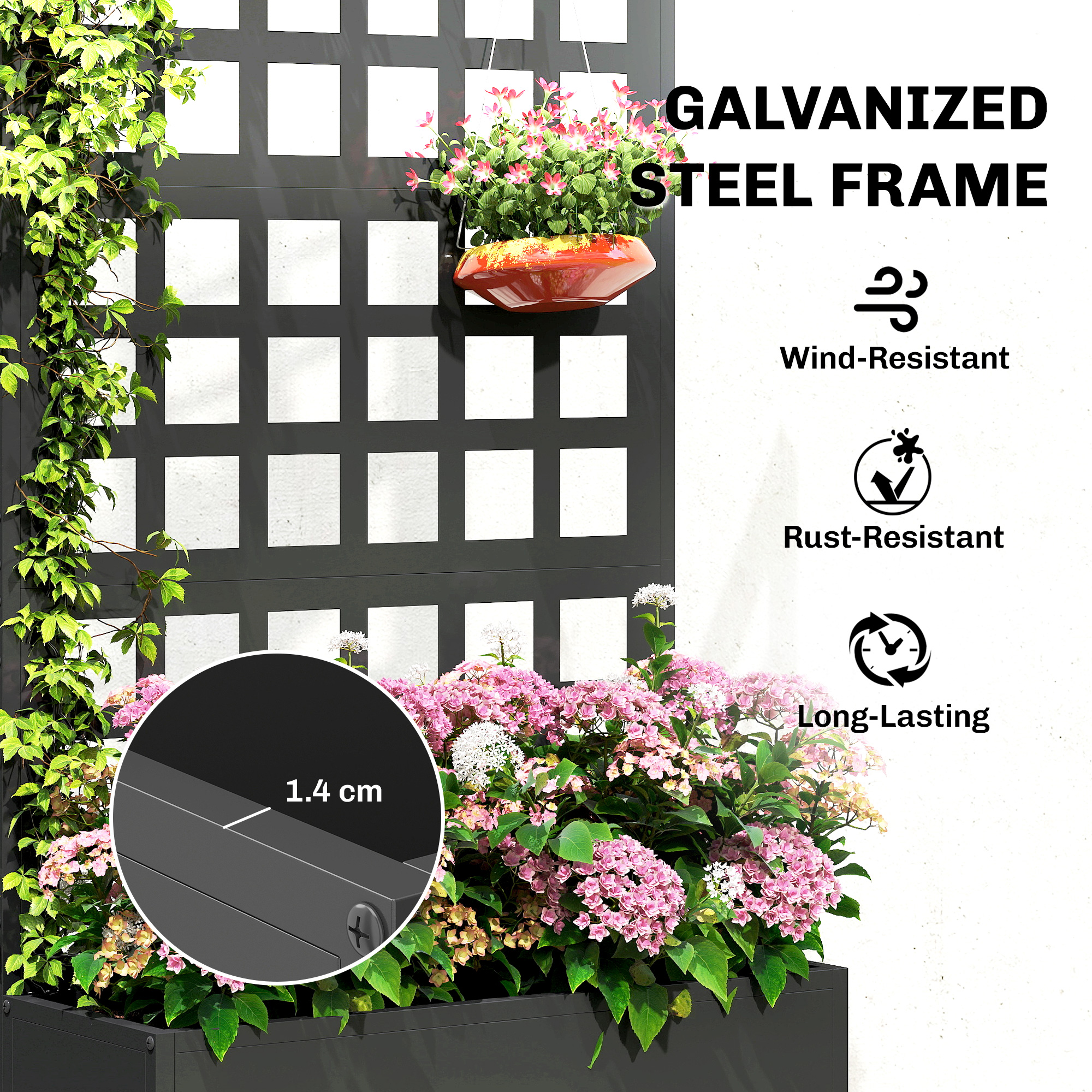  Galvanized Raised Garden Bed Planter Box with Trellis for Climbing Plants, Vegetable, Vines, 24" x 9" x 44.5", Black
