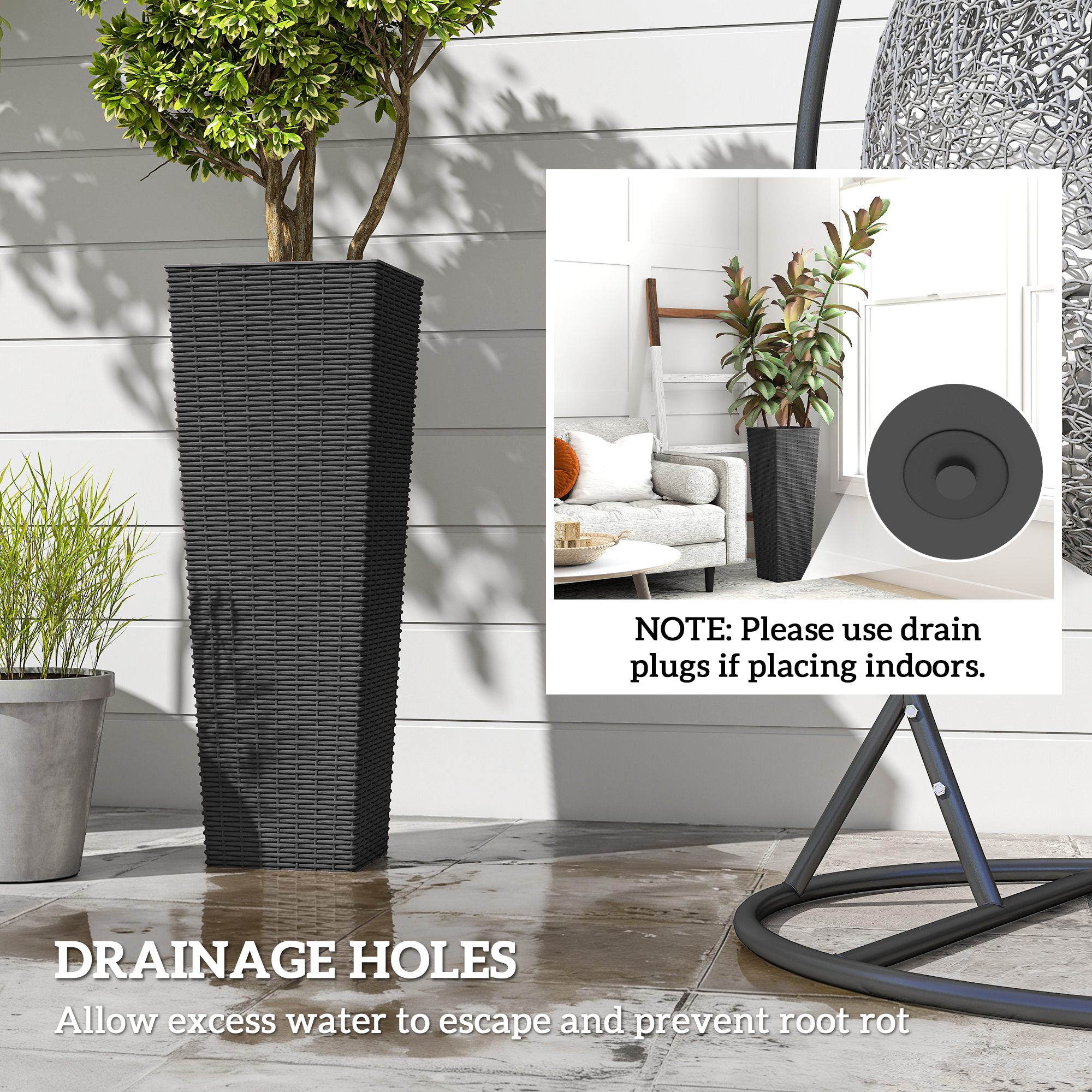  32 Inch Tall Planters for Outdoor Plants, Set of 2 Plastic Flower Pots with Drainage Holes, Black