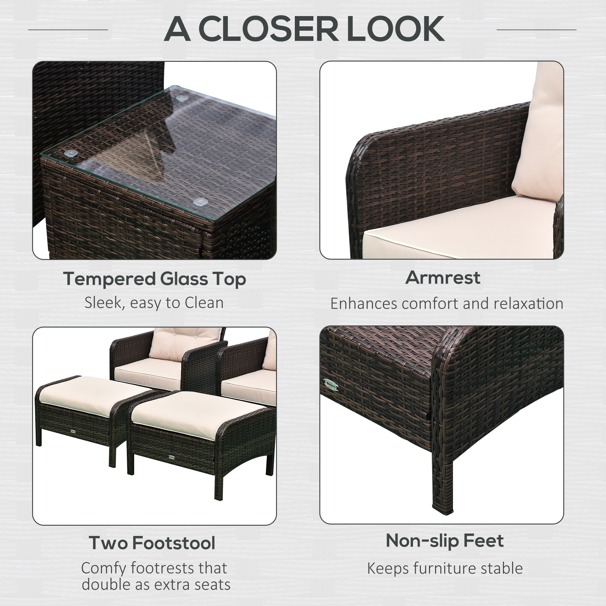  5 Pieces Rattan Wicker Lounge Chair Outdoor Patio Conversation Set with 2 Cushioned Chairs, 2 Ottomans and Tempered Glass Top Coffee Table, Brown/Beige