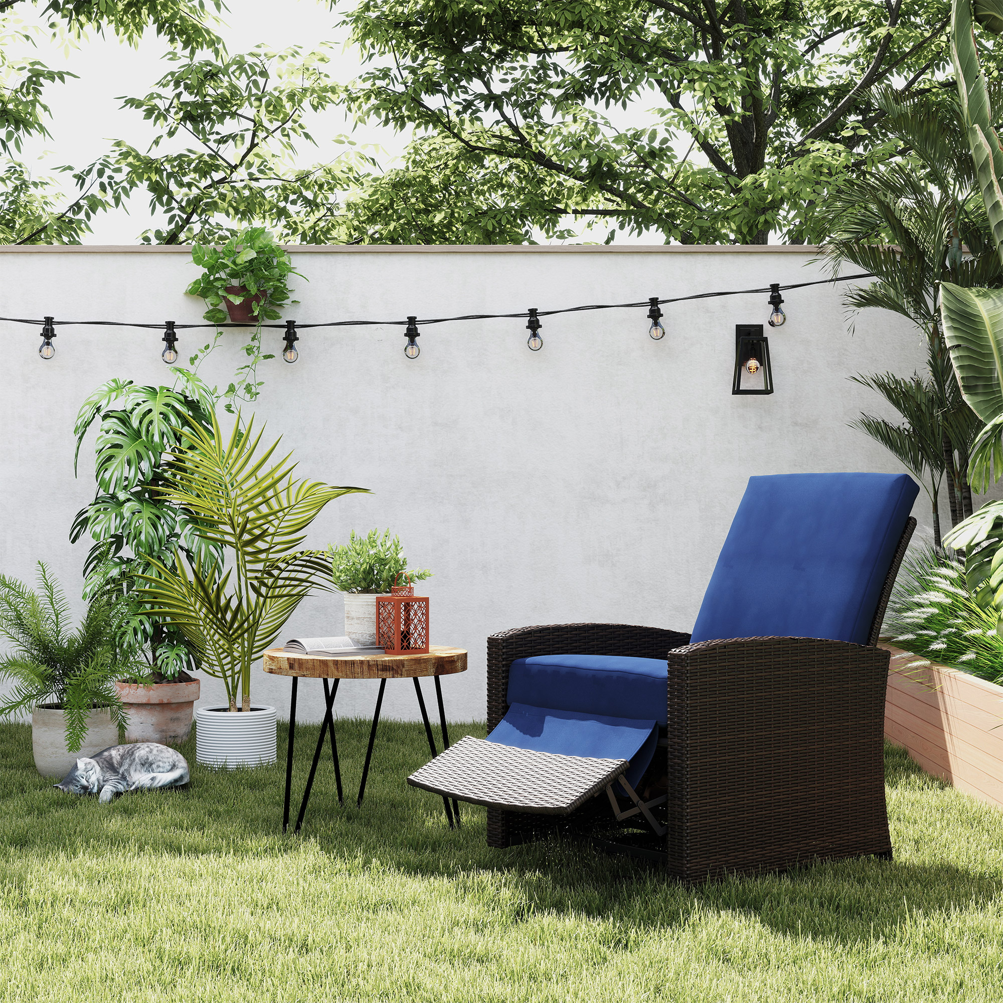 Outdoor Wicker Chair, Reclining Backrest, Lifting Footrest, 360° Rotating Basic, Water Resistant Cushions, Dark Blue