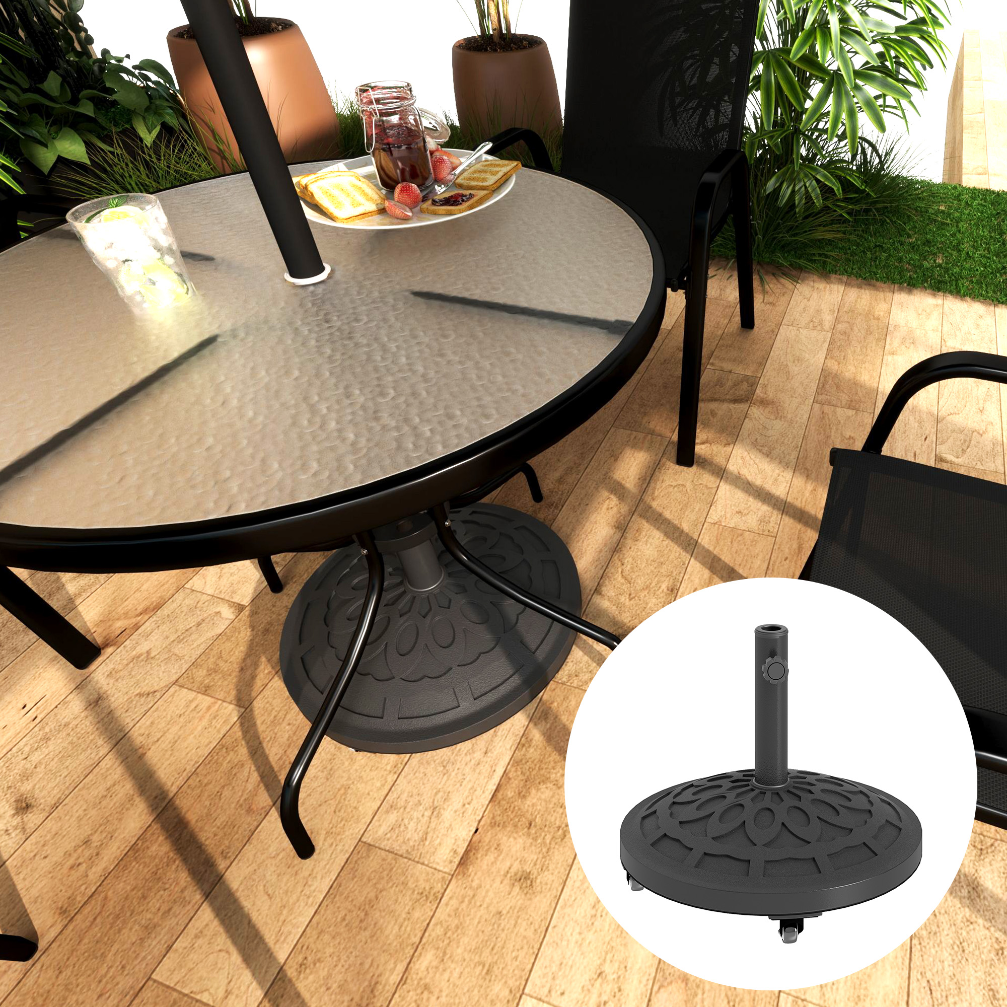  Round Patio Umbrella Base with Wheels, 46 lbs Resin Umbrella Stand Base, Heavy Duty Patio Umbrella Holder for 1.3"/1.5"/1.9" Umbrella Poles for Outdoor, Lawn, Poolside, Black