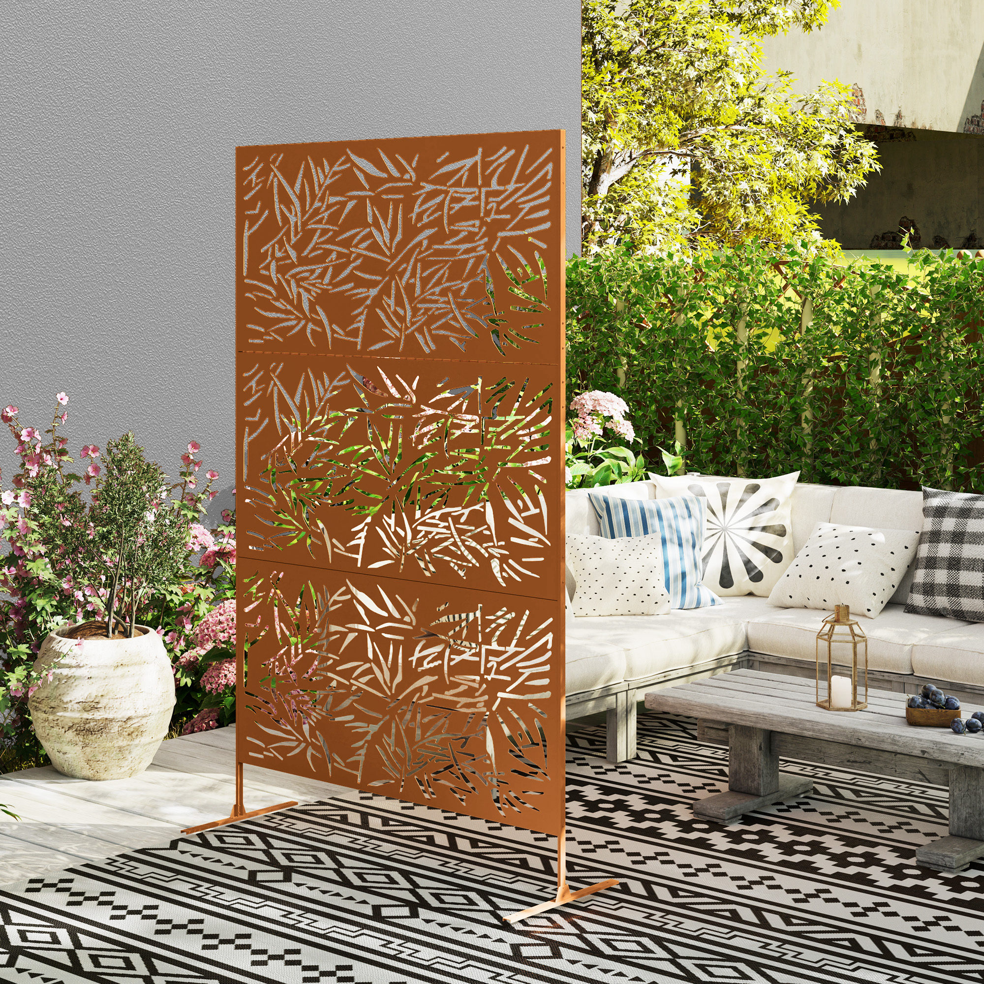  Decorative Privacy Fence Screen, Metal Outdoor Privacy Screen Climbing Plant Trellis with Stand, Bamboo Brown