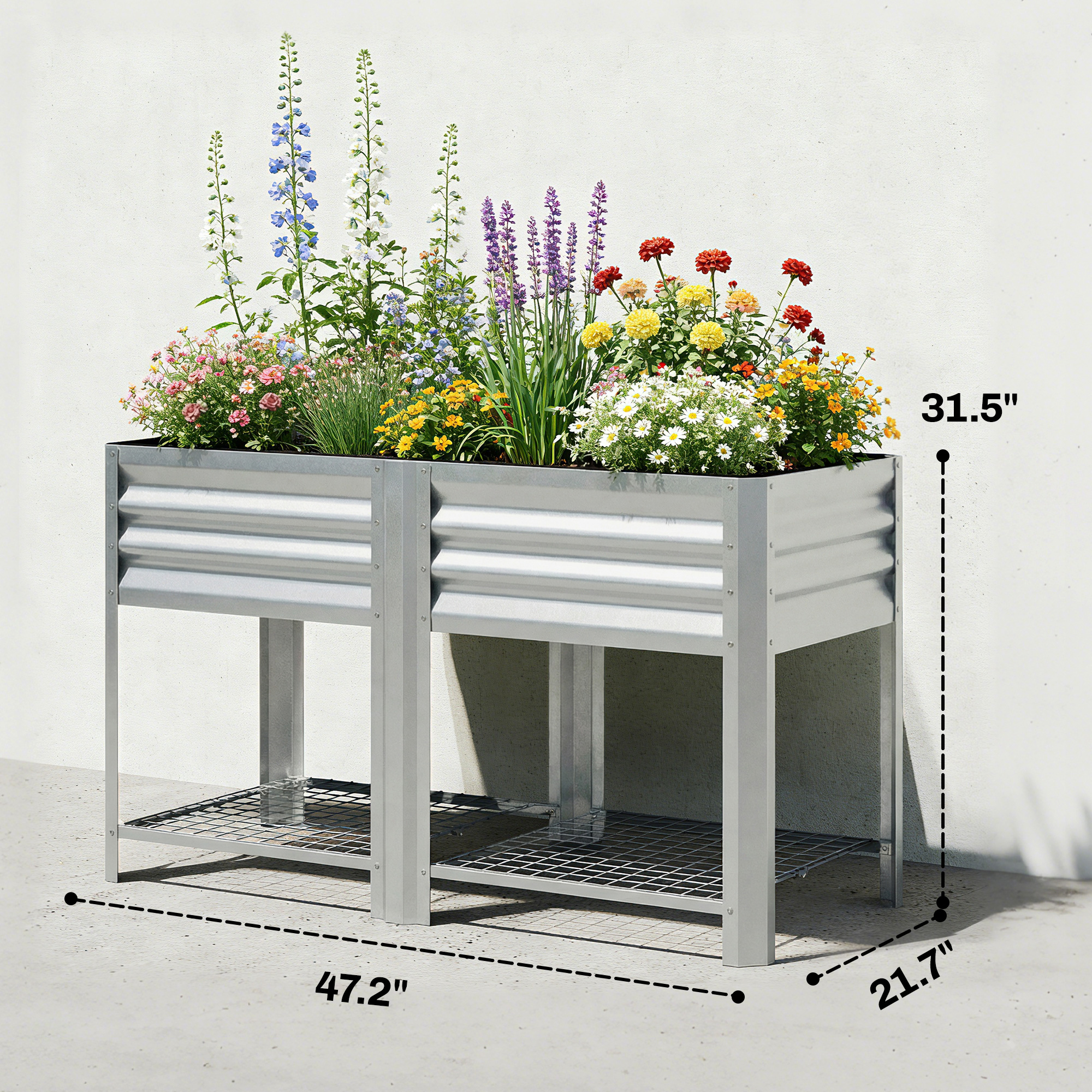  Raised Garden Bed Galvanized Steel, Elevated Planter Box with Storage Shelf, Bed Liner, 31.5" High, Silver