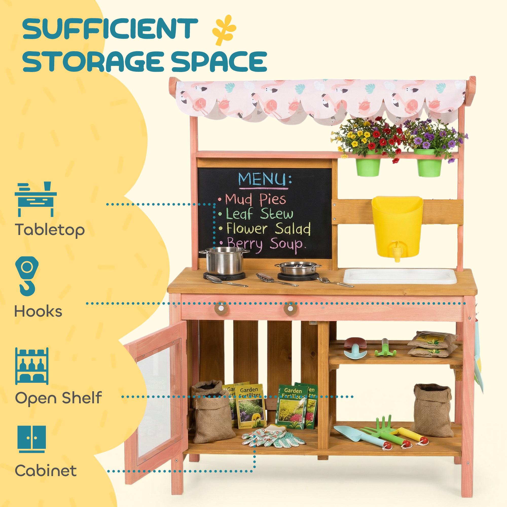 Kids Mud Kitchen with Canopy, Outdoor Wooden Play Kitchen with Planter Box, Accessories for Age 3-6, Pink