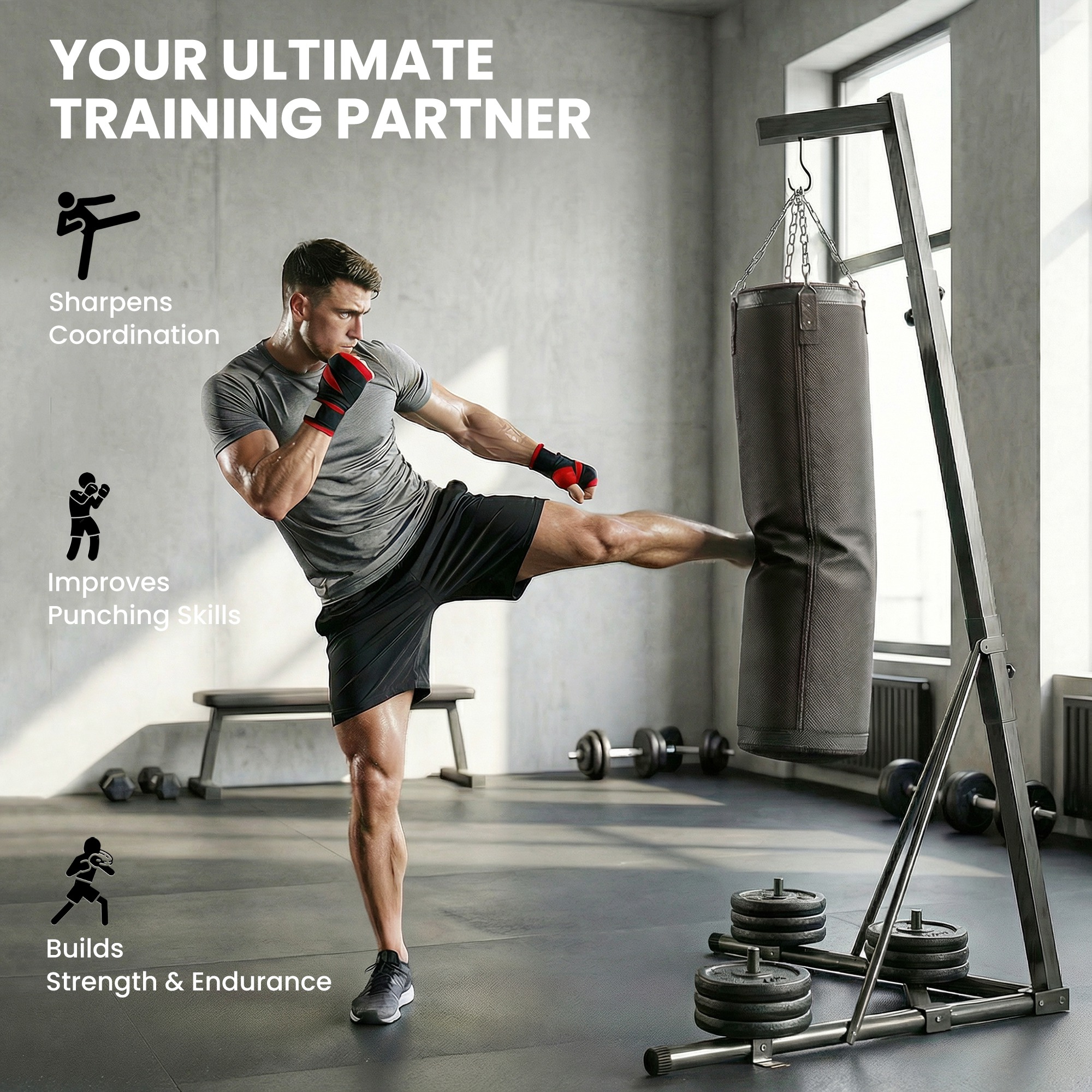 Punching Bag with Stand for Adults, 72.8"-90.9" Height Adjustable Freestanding Boxing Stand with Canvas Sandbag, Black