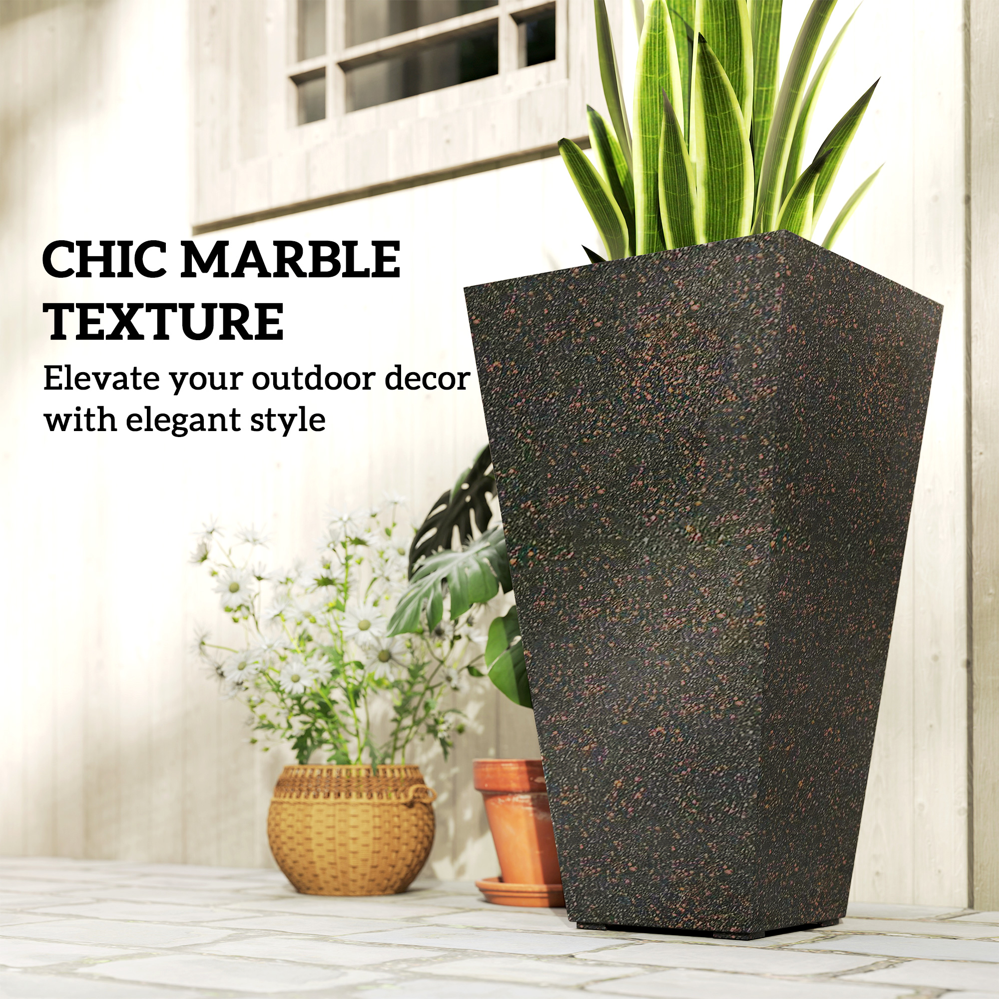  28" Tall Planters, Set of 3 Plastic Flower Pots with Marble Finish and Drainage Holes, Stackable Taper Planters, Brown