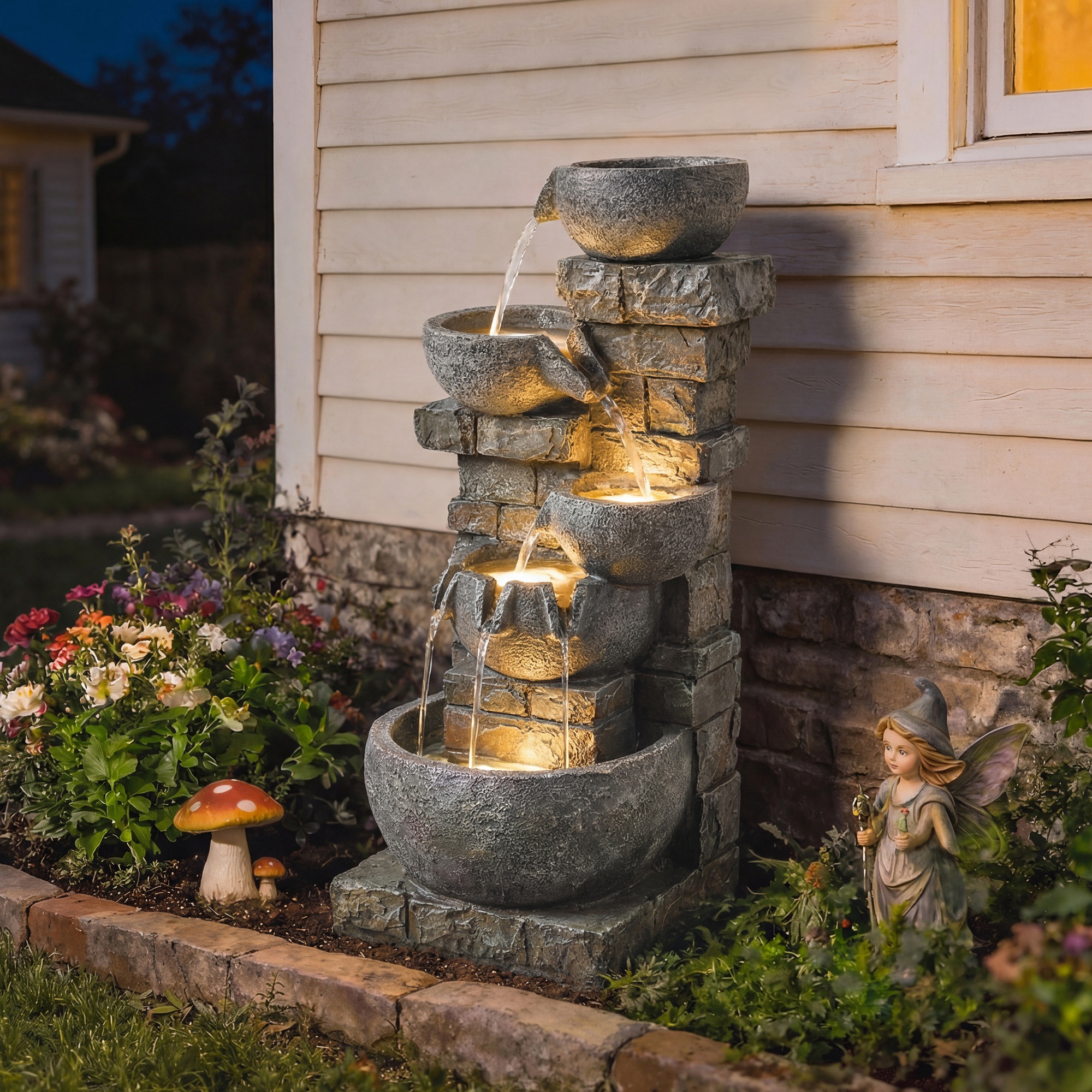  Outdoor Water Fountain with LED Lights, 31.5" Tall 5 Tiers Cascading Water Feature for Garden Patio Home Decor, Gray
