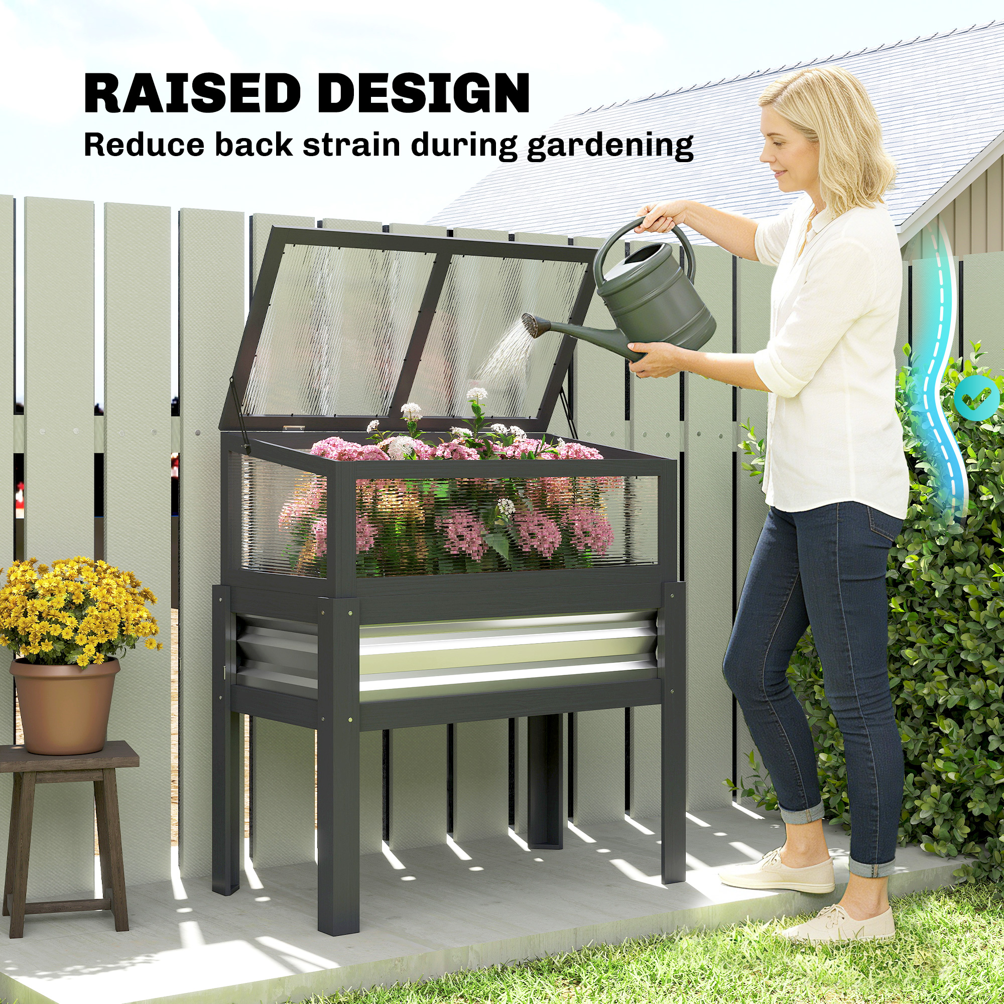  Raised Garden Bed with Flip-Up Mini Greenhouse, Elevated Planter Box with Legs and Bed Liner for Flowers, Vegetables