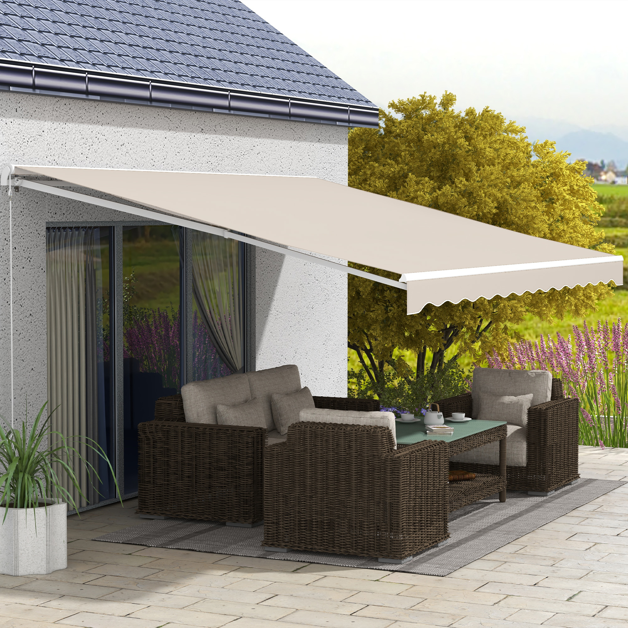 16x10 Electric Retractable Awning Sunshade Shelter with Remote Controller & Crank Handle for Deck Balcony Yard, Cream