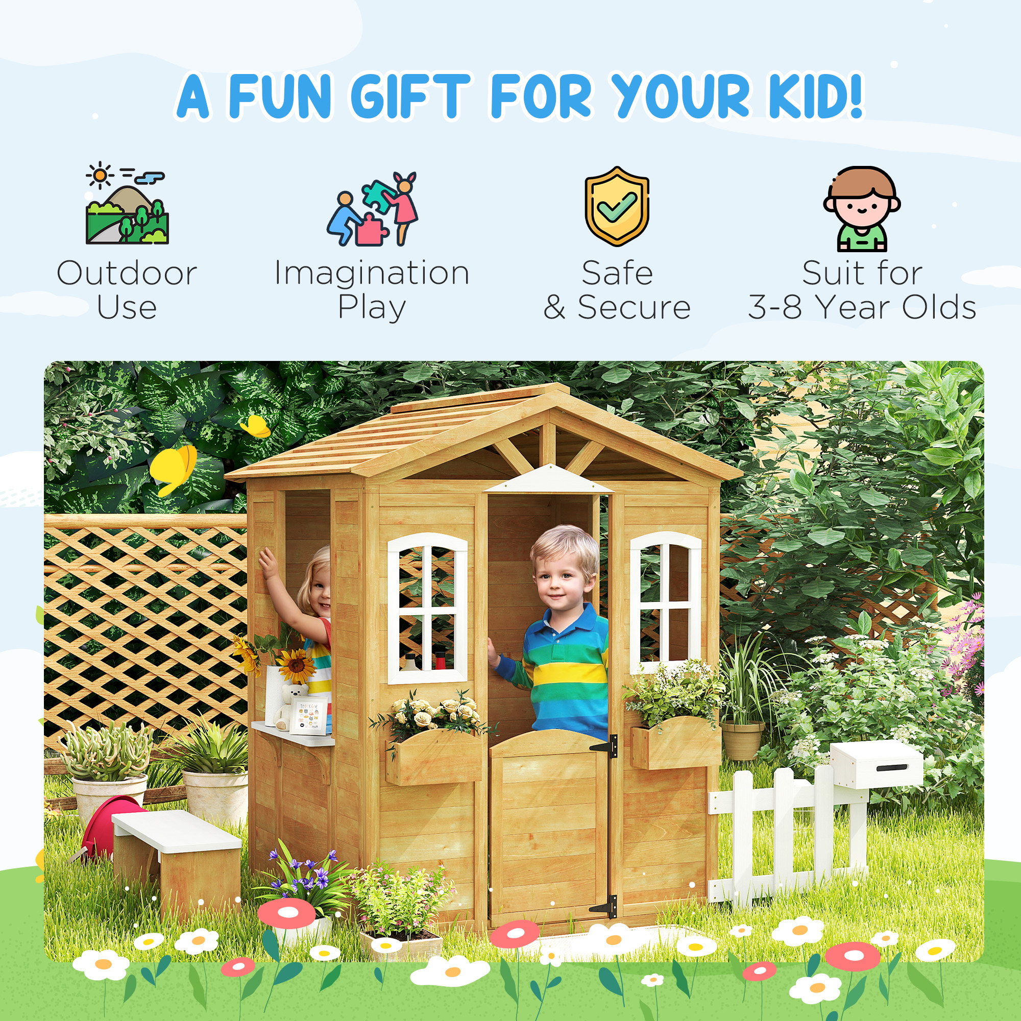  Outdoor Playhouse for Kids Wooden Cottage with Working Doors Windows & Mailbox for Age 3-6 Years, Natural Wood