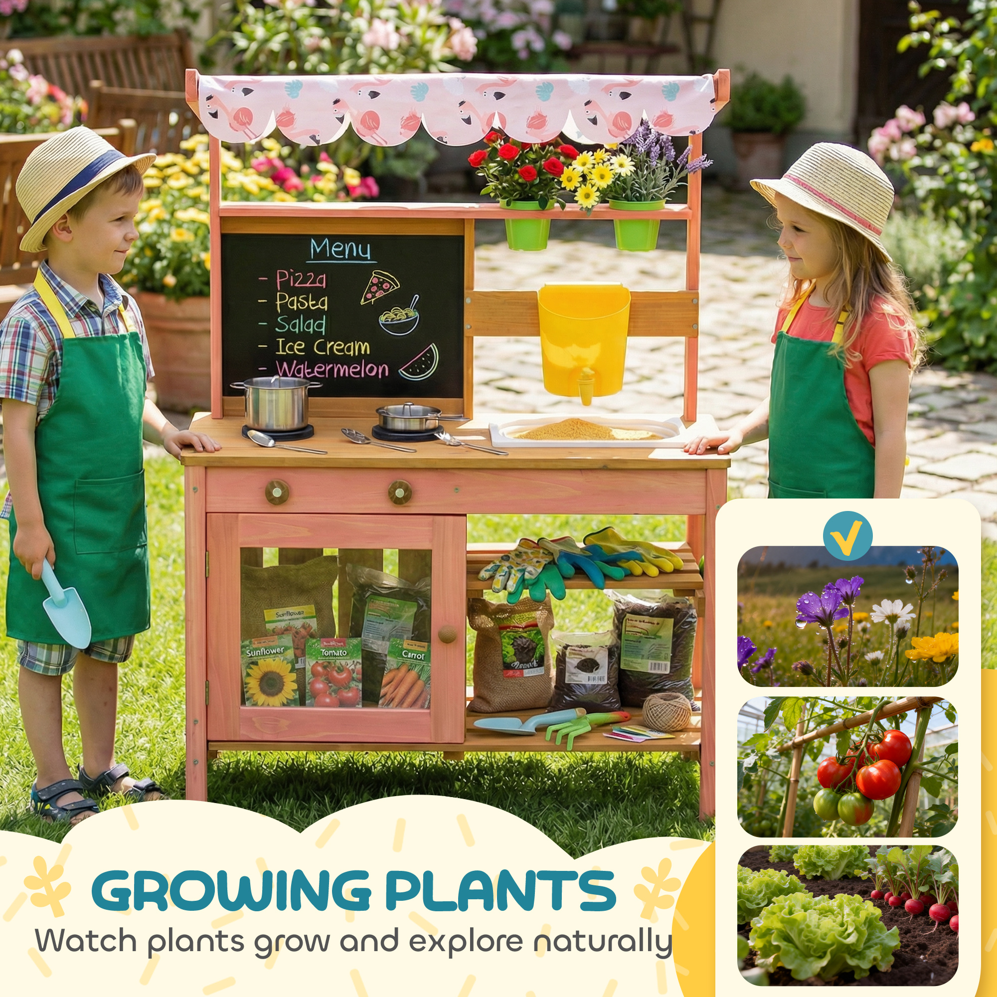 Kids Mud Kitchen with Canopy, Outdoor Wooden Play Kitchen with Planter Box, Accessories for Age 3-6, Pink