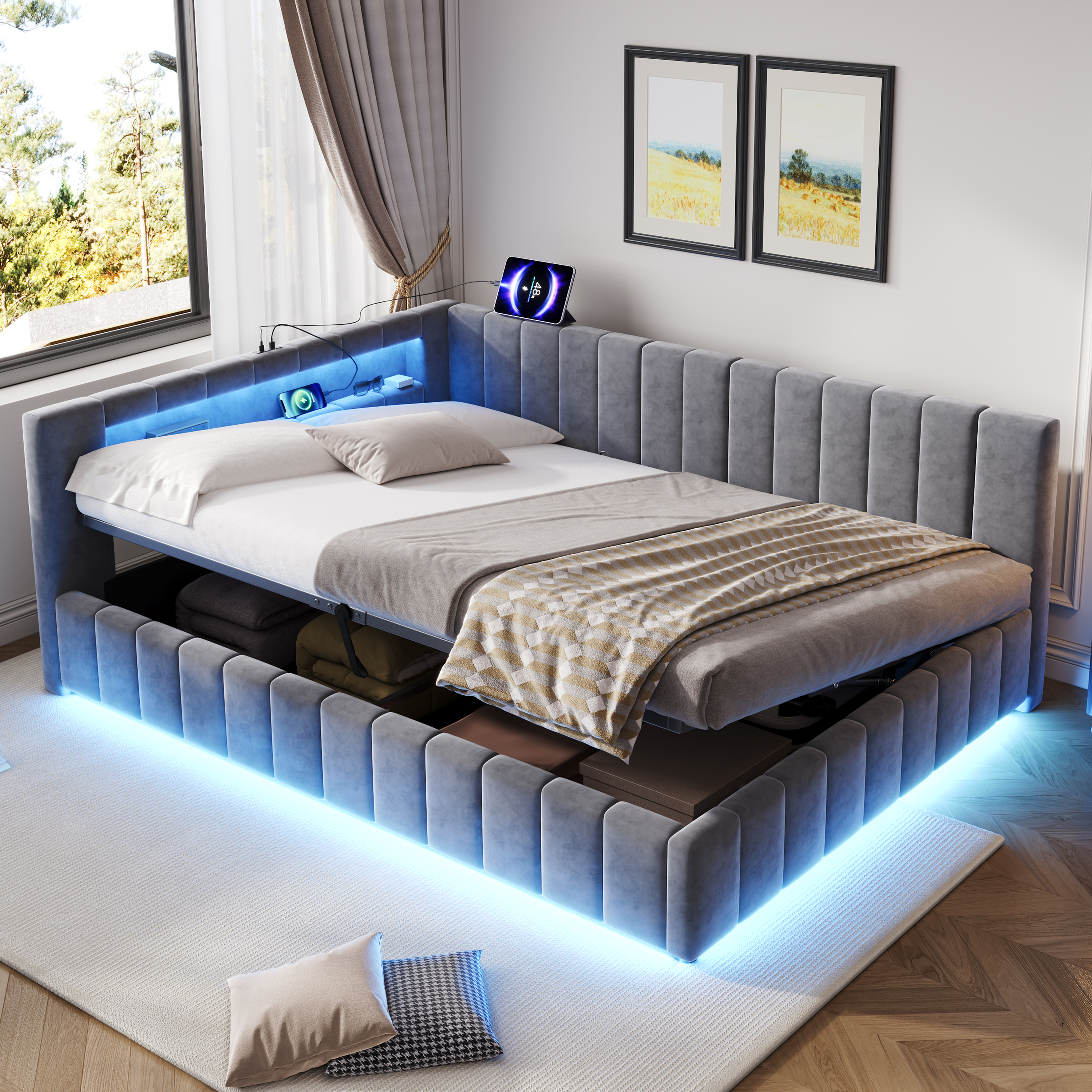 4ft6 Double Velvet Side Hydraulic Storage Bed With Smart RGB LED Lights & Charging Station, Side Opening Ottoman Bed Frame With Type-C & USB Ports, Channel Tufted, Grey No Mattress