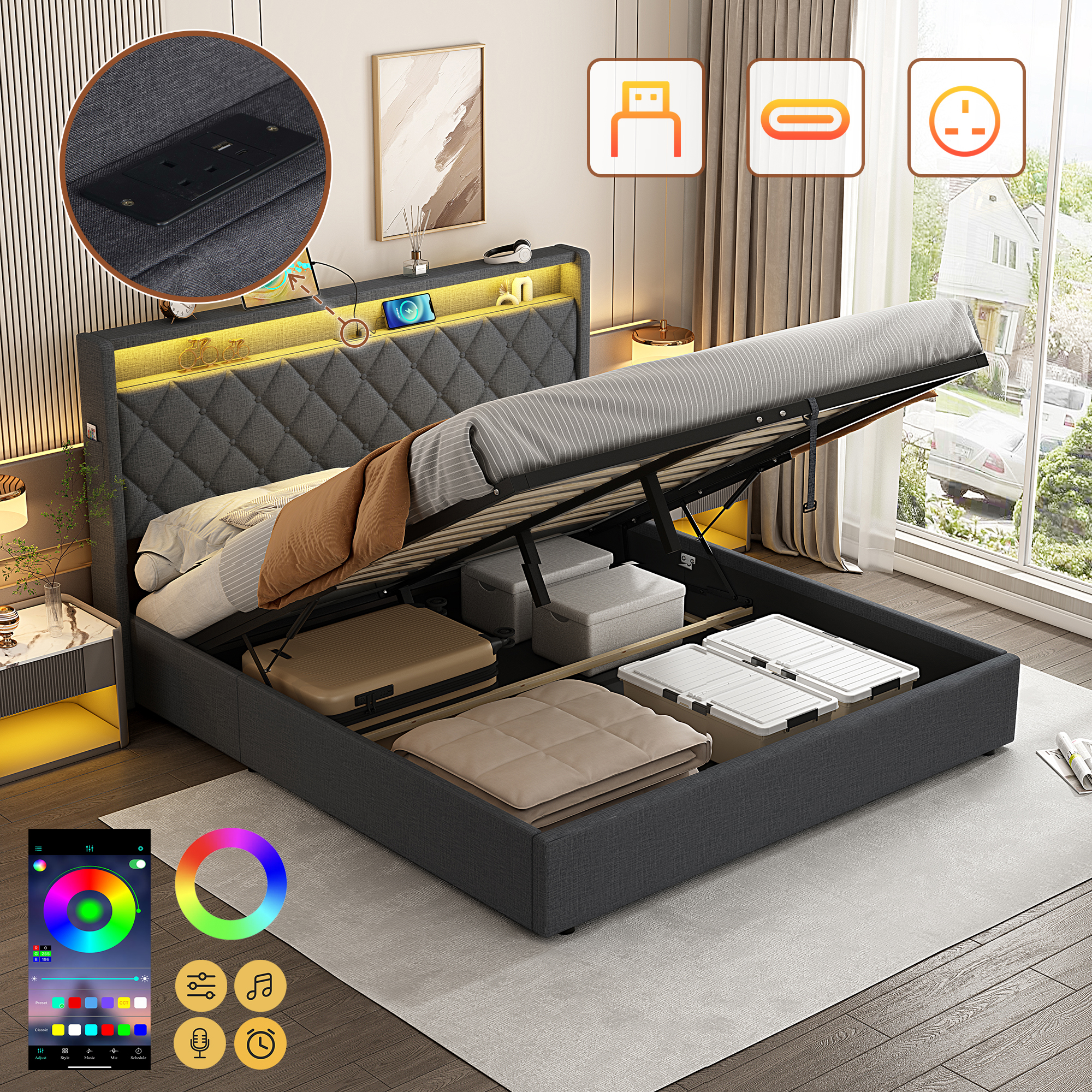 Cama Doble 4ft6 Tapizada Gris con Almacenaje Hidráulico y Luz LED - imagen 1