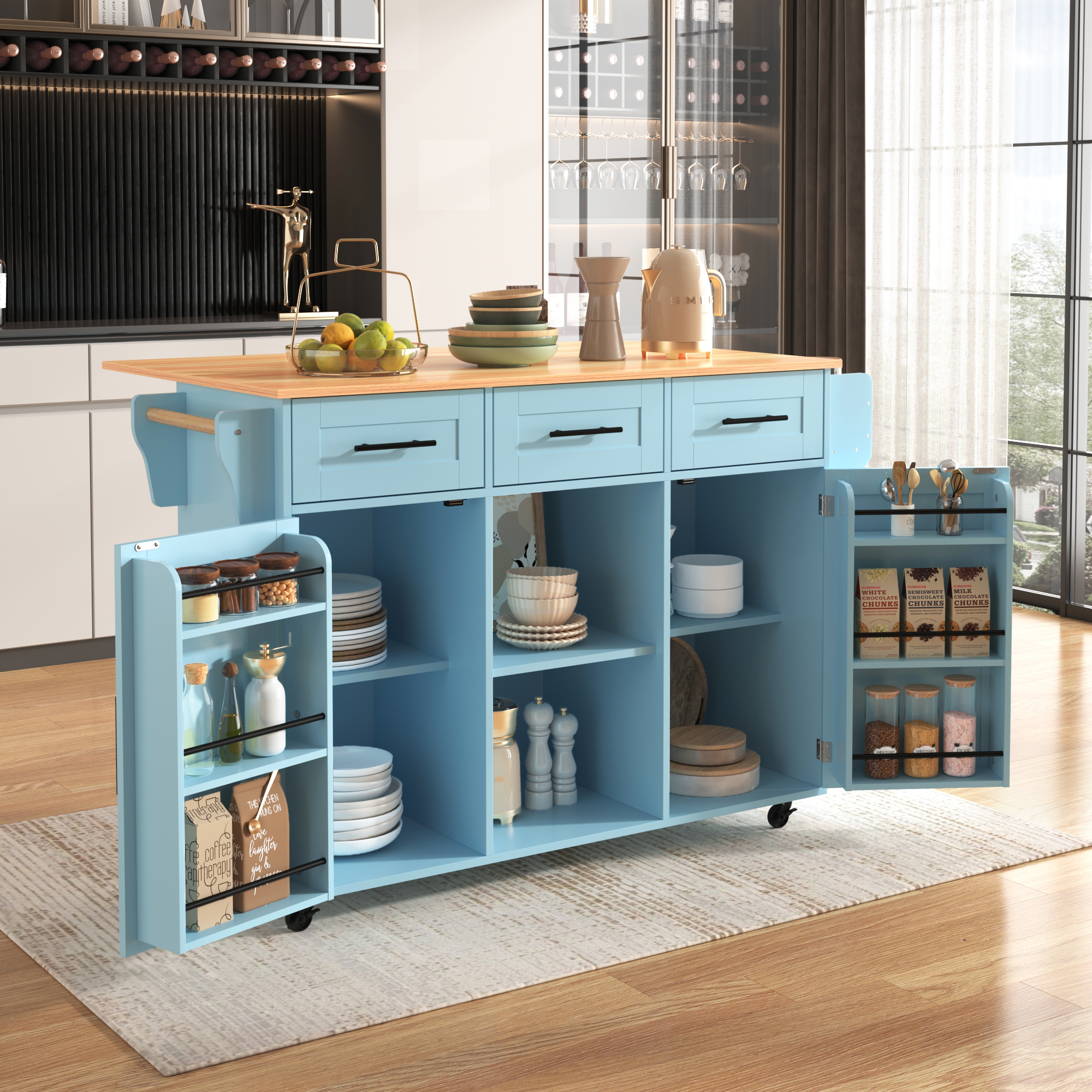 139x46   71x91.5 Cm Kitchen Island On Wheels,large Dining Cart, Trolley , Foldable Wood Grain Countertop, 3 Drawers, Interchangeable Wheels & Solid Wood Feet, For Dining Room Living Room