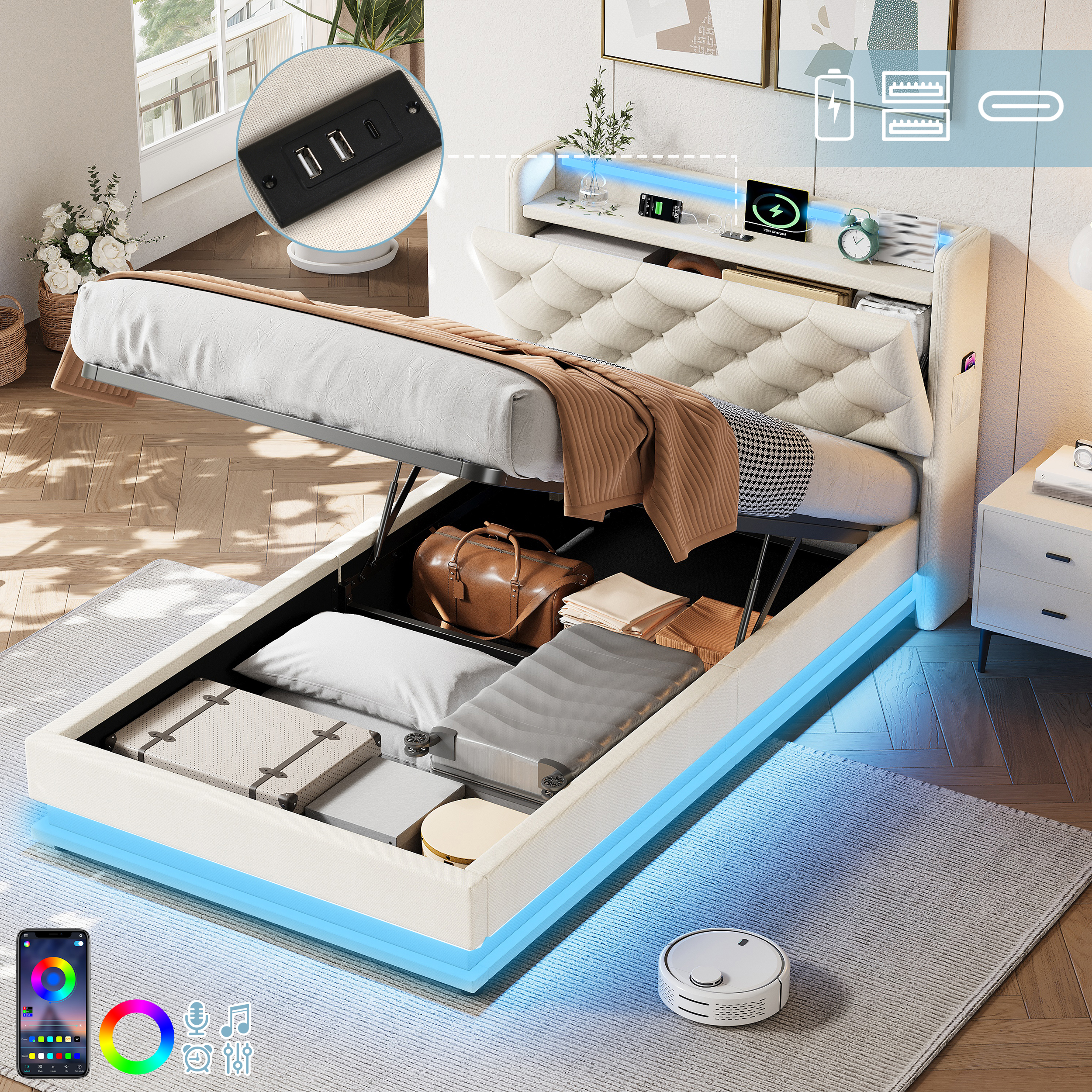 3ft Single Upholstered Bed Frame With Hydraulic Storage, LED Button Tufted Headboard With Charging Station And Concealed Headboard Storage, USB And Type-C Ports, Linen, Beige No Mattress - Image 1